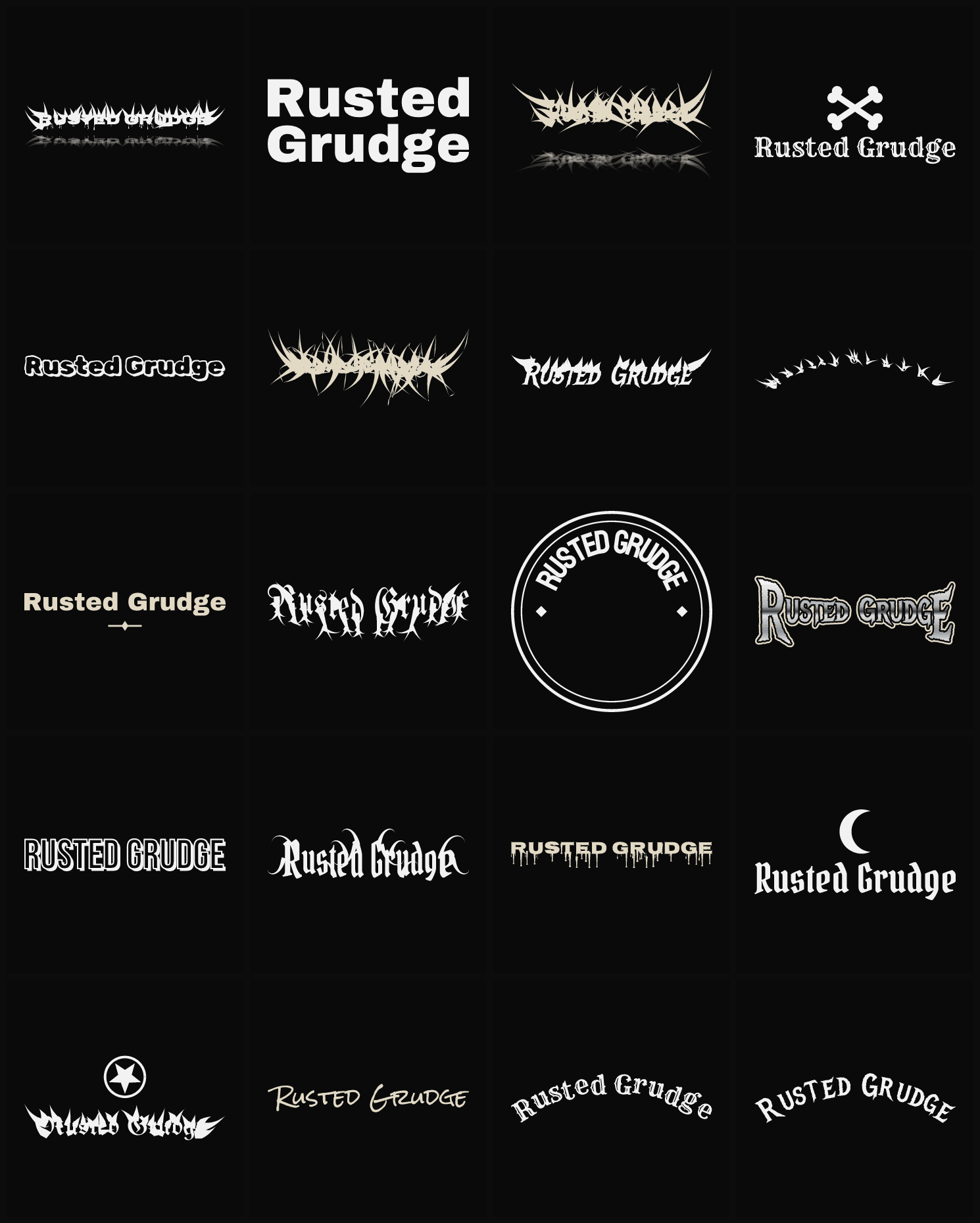 Twenty Rusted Grudge band logo ideas — different faces, treatments and spike settings