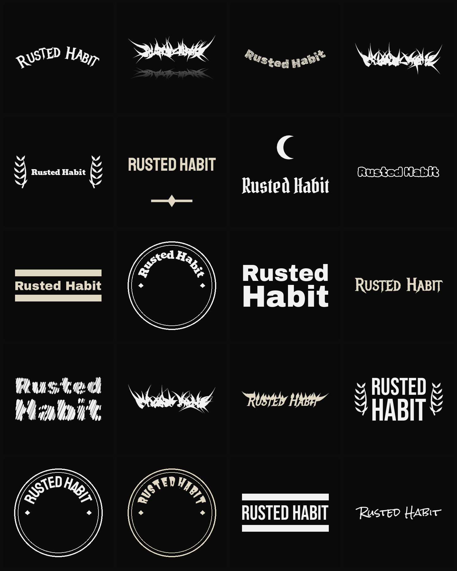 Twenty Rusted Habit band logo ideas — different faces, treatments and spike settings