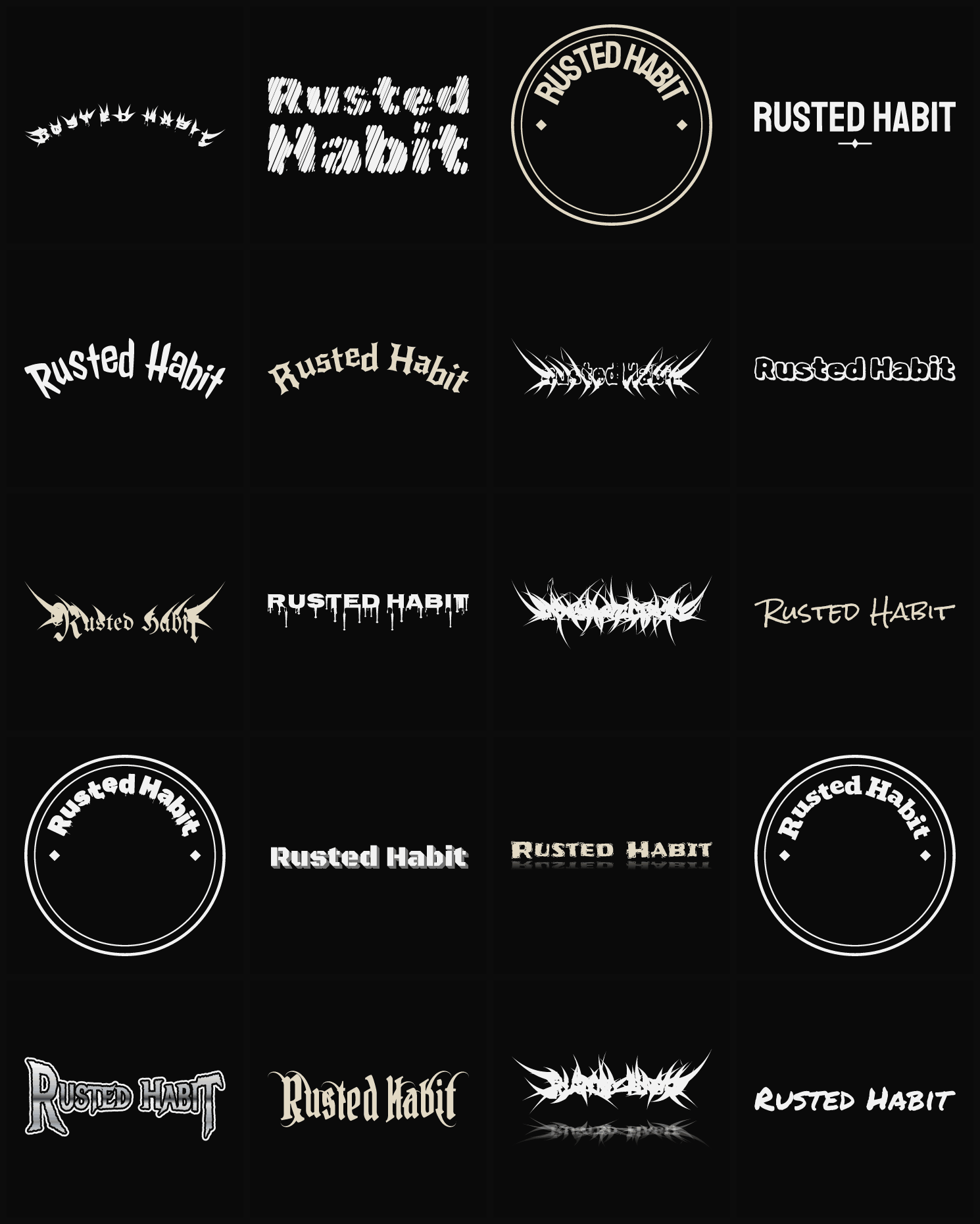 Twenty Rusted Habit band logo ideas — different faces, treatments and spike settings