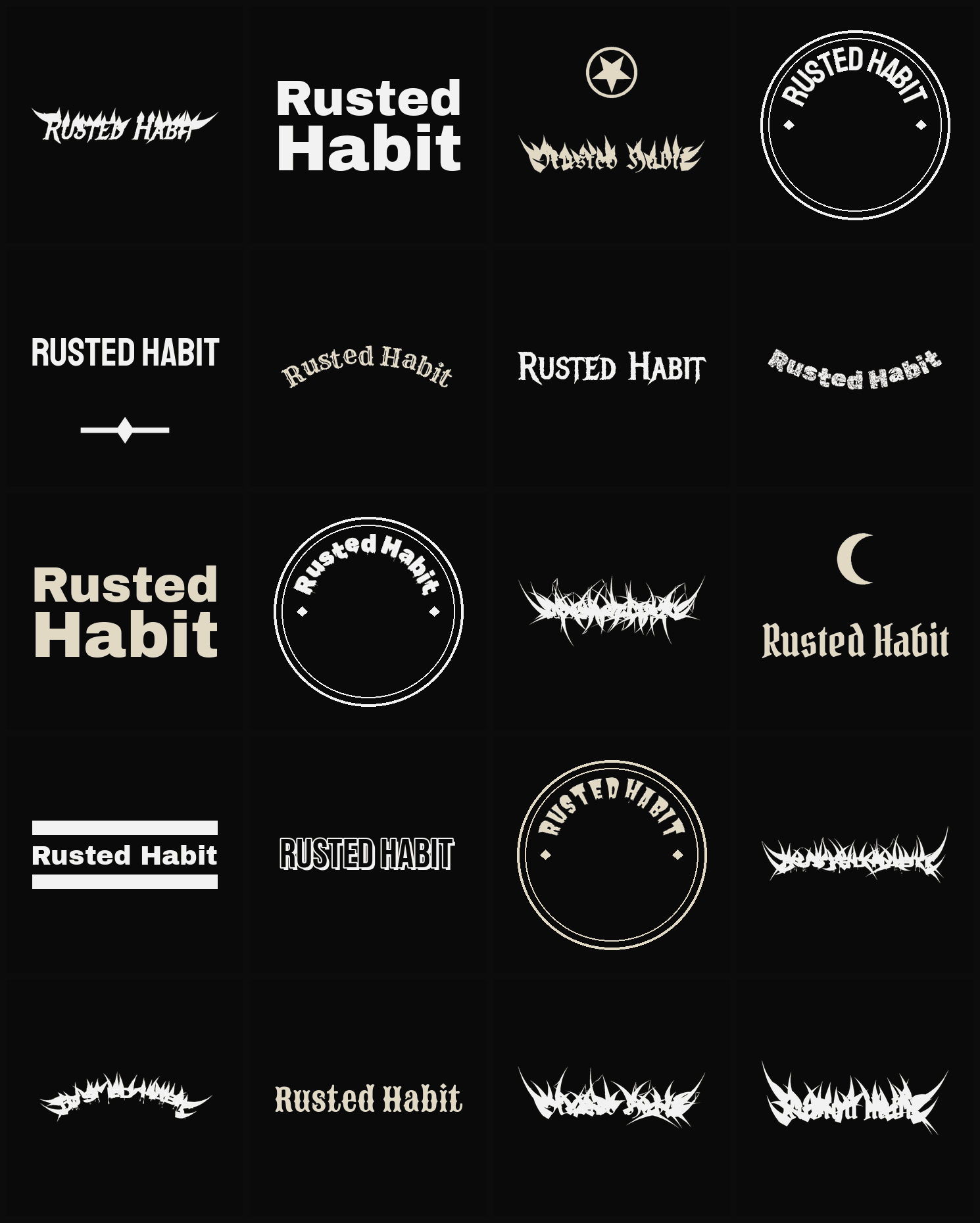 Twenty Rusted Habit band logo ideas — different faces, treatments and spike settings