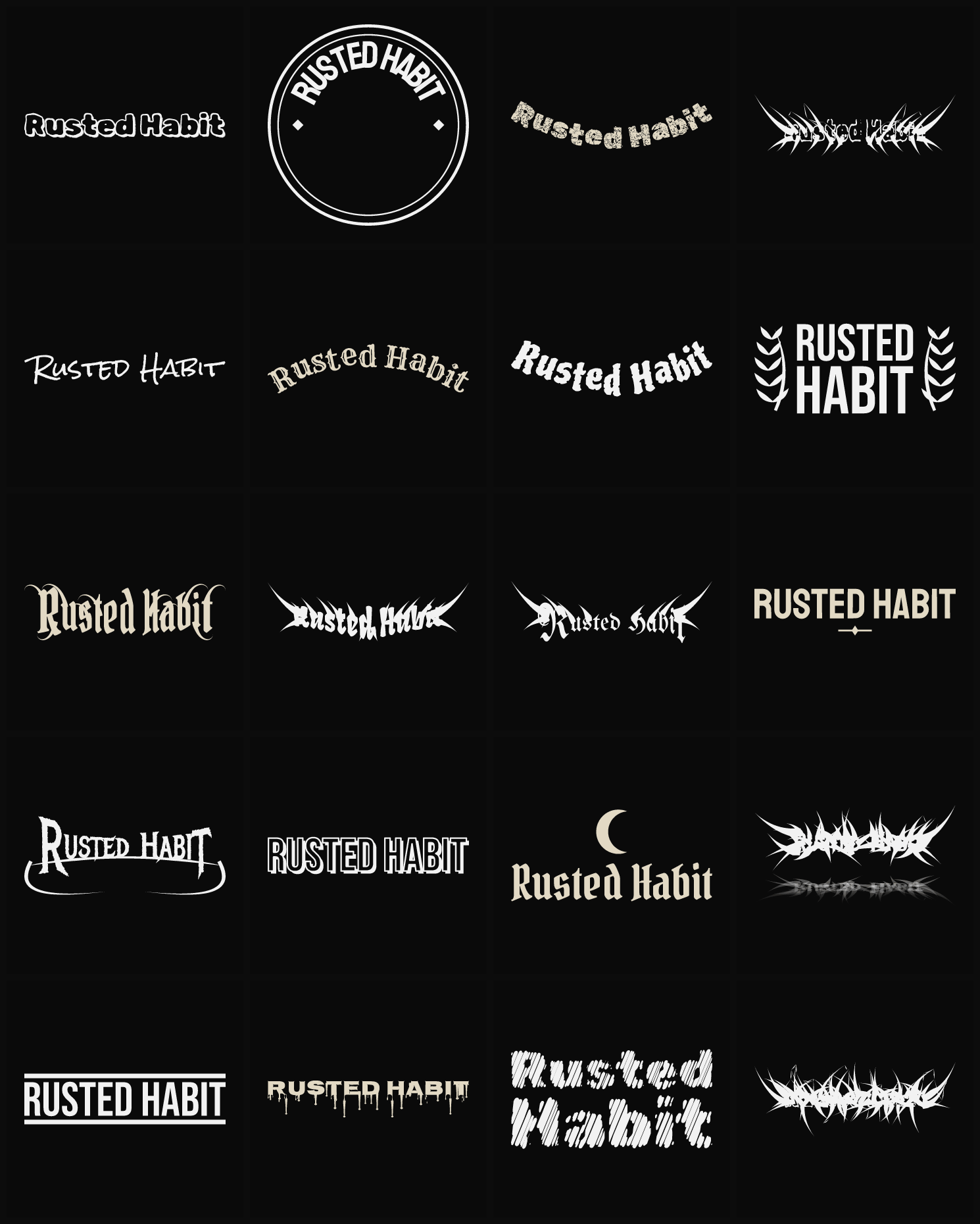 Twenty Rusted Habit band logo ideas — different faces, treatments and spike settings