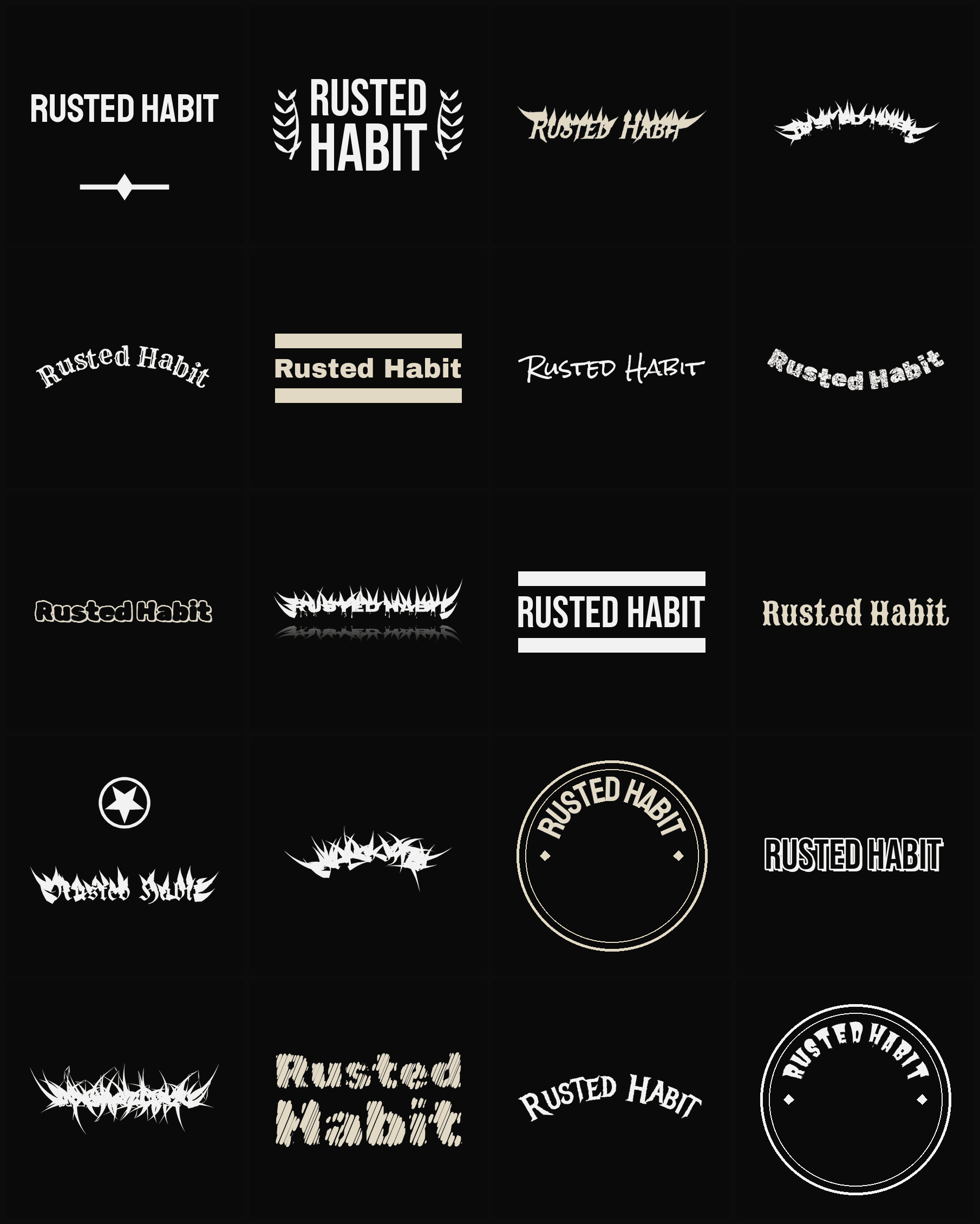 Twenty Rusted Habit band logo ideas — different faces, treatments and spike settings