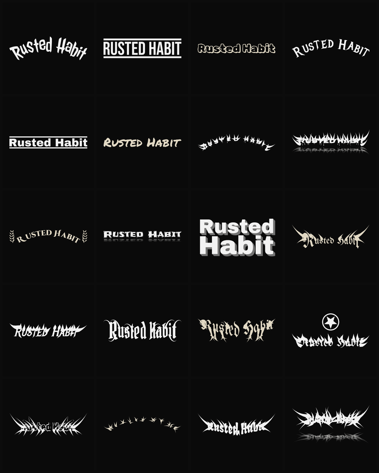 Twenty Rusted Habit band logo ideas — different faces, treatments and spike settings