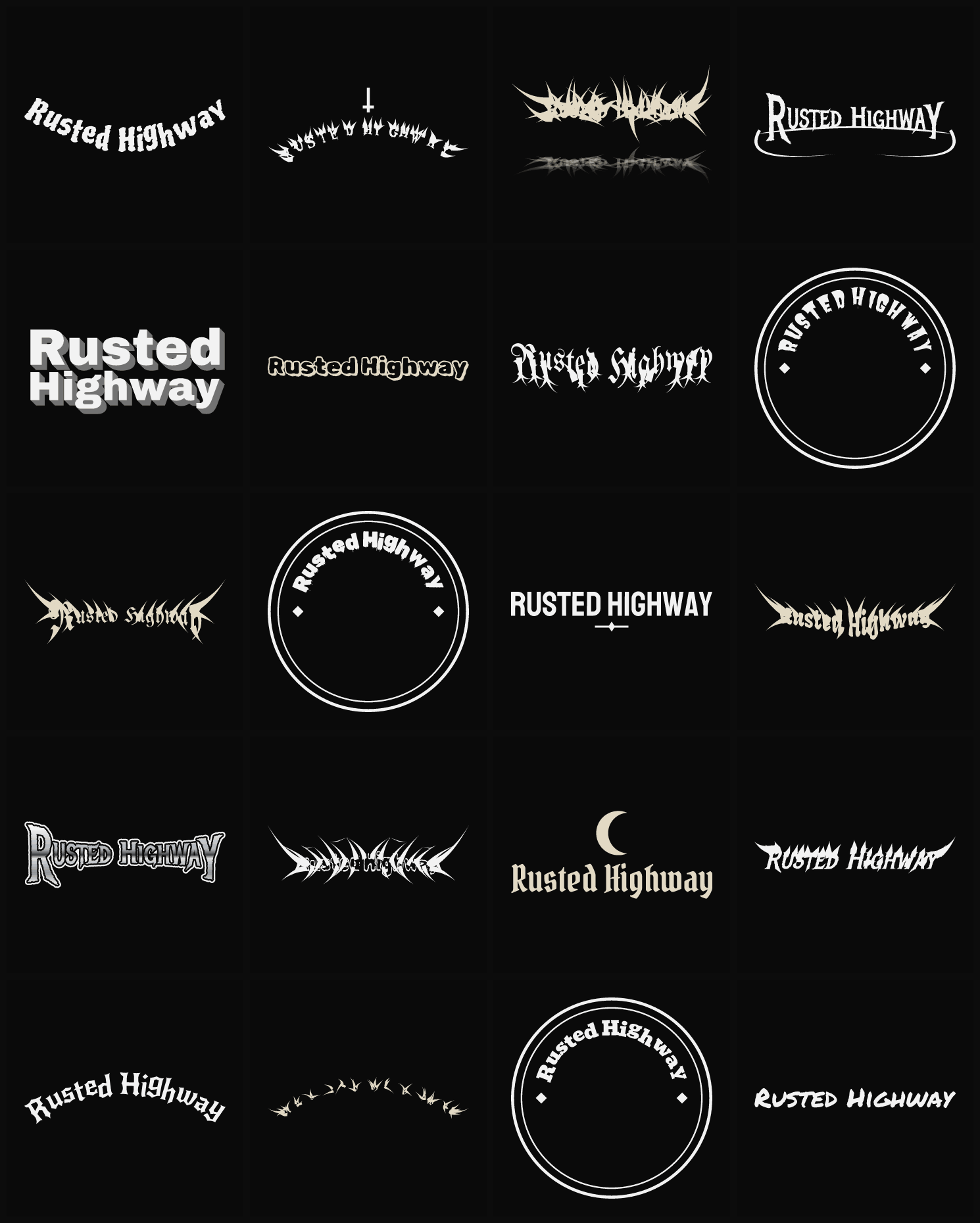 Twenty Rusted Highway band logo ideas — different faces, treatments and spike settings