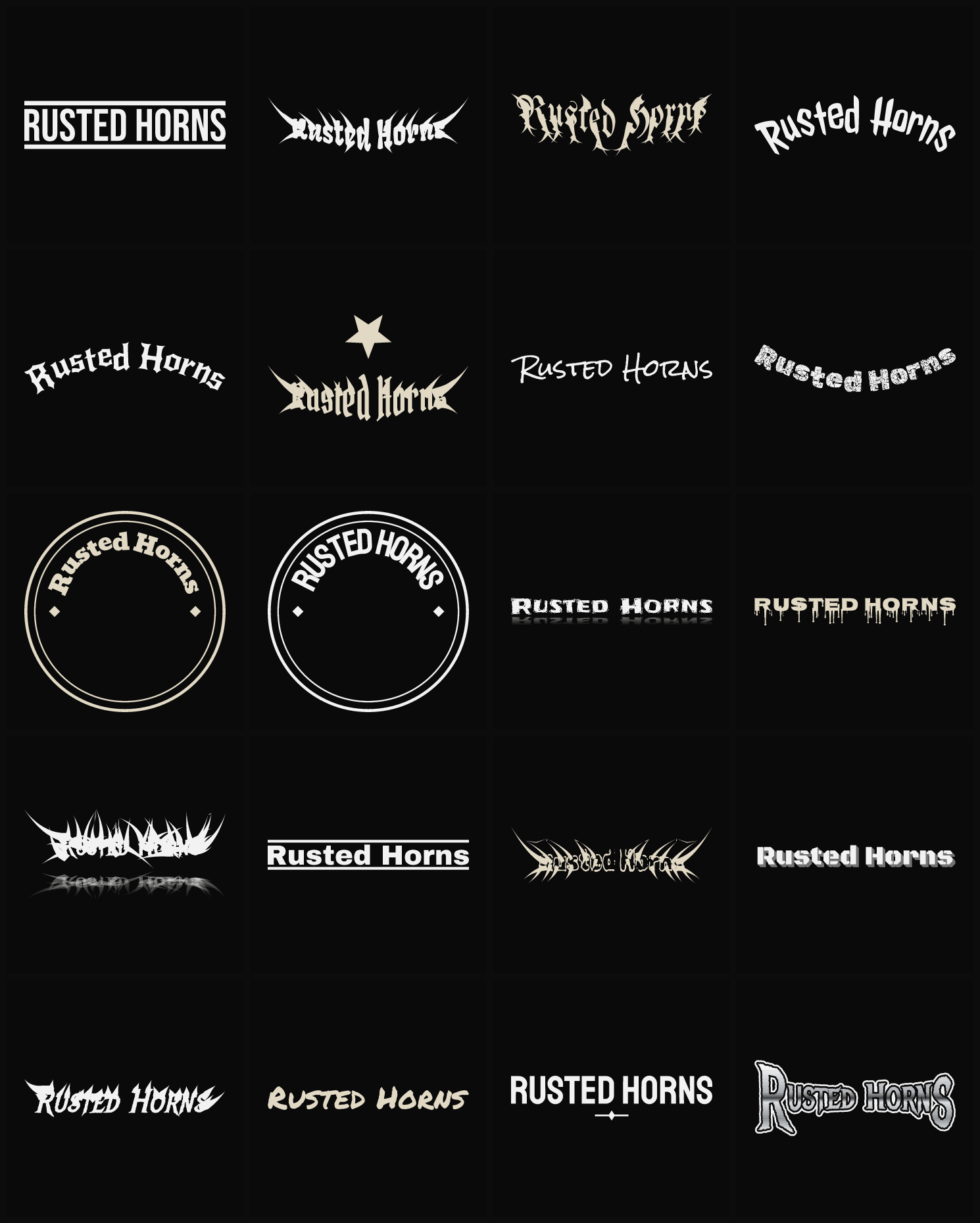 Twenty Rusted Horns band logo ideas — different faces, treatments and spike settings