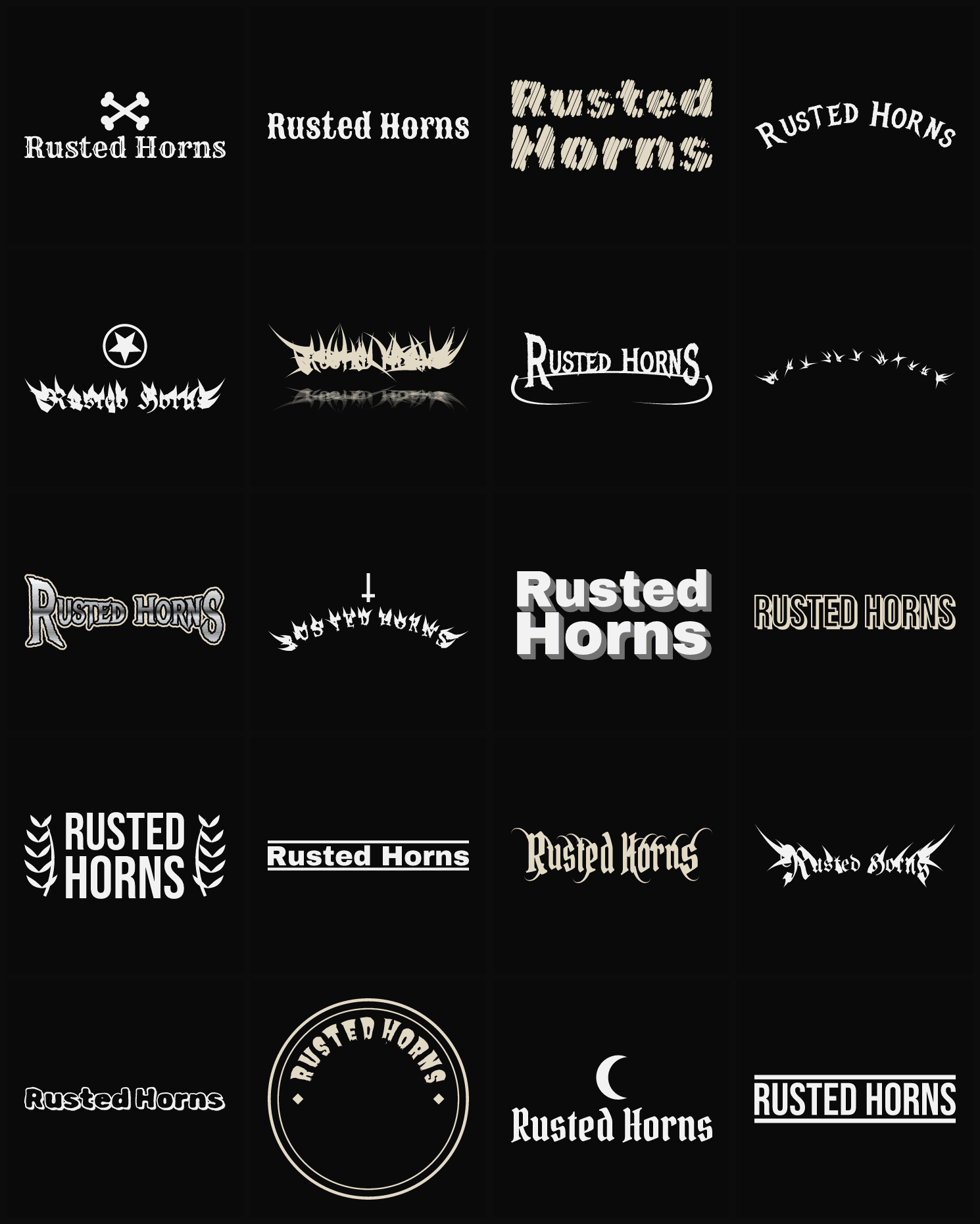 Twenty Rusted Horns band logo ideas — different faces, treatments and spike settings