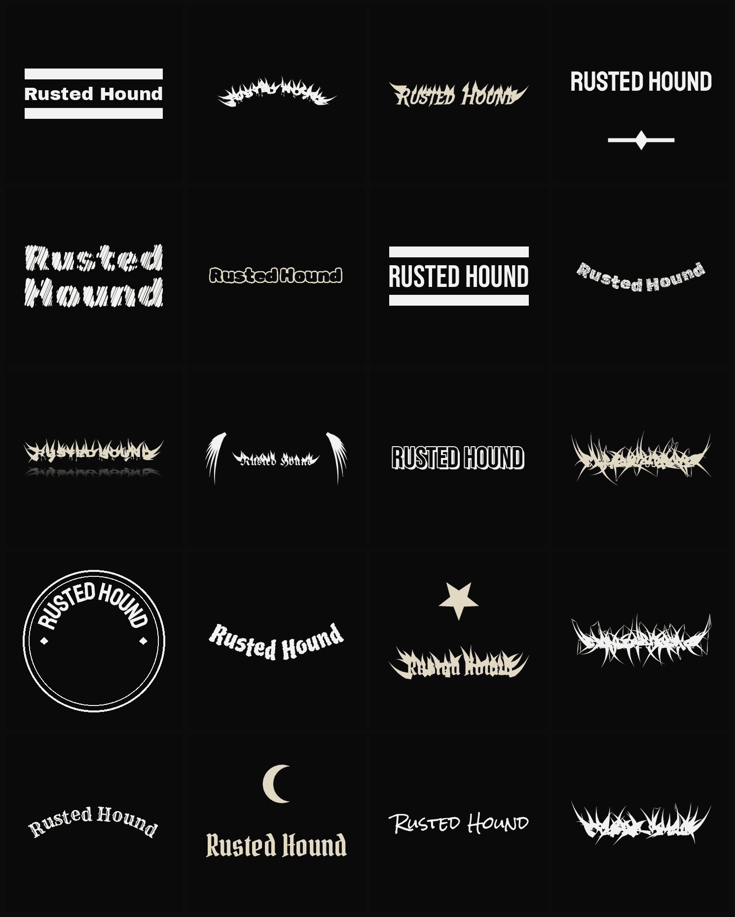 Twenty Rusted Hound band logo ideas — different faces, treatments and spike settings