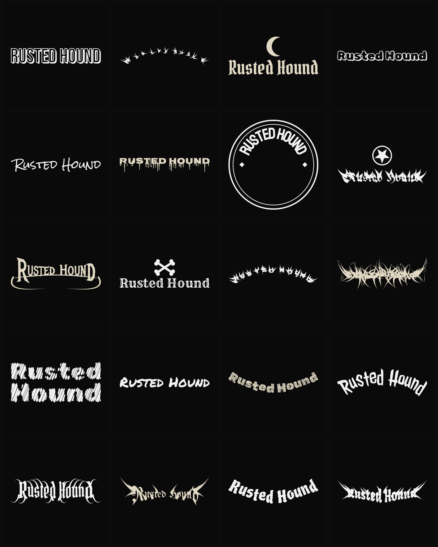 Twenty Rusted Hound band logo ideas — different faces, treatments and spike settings