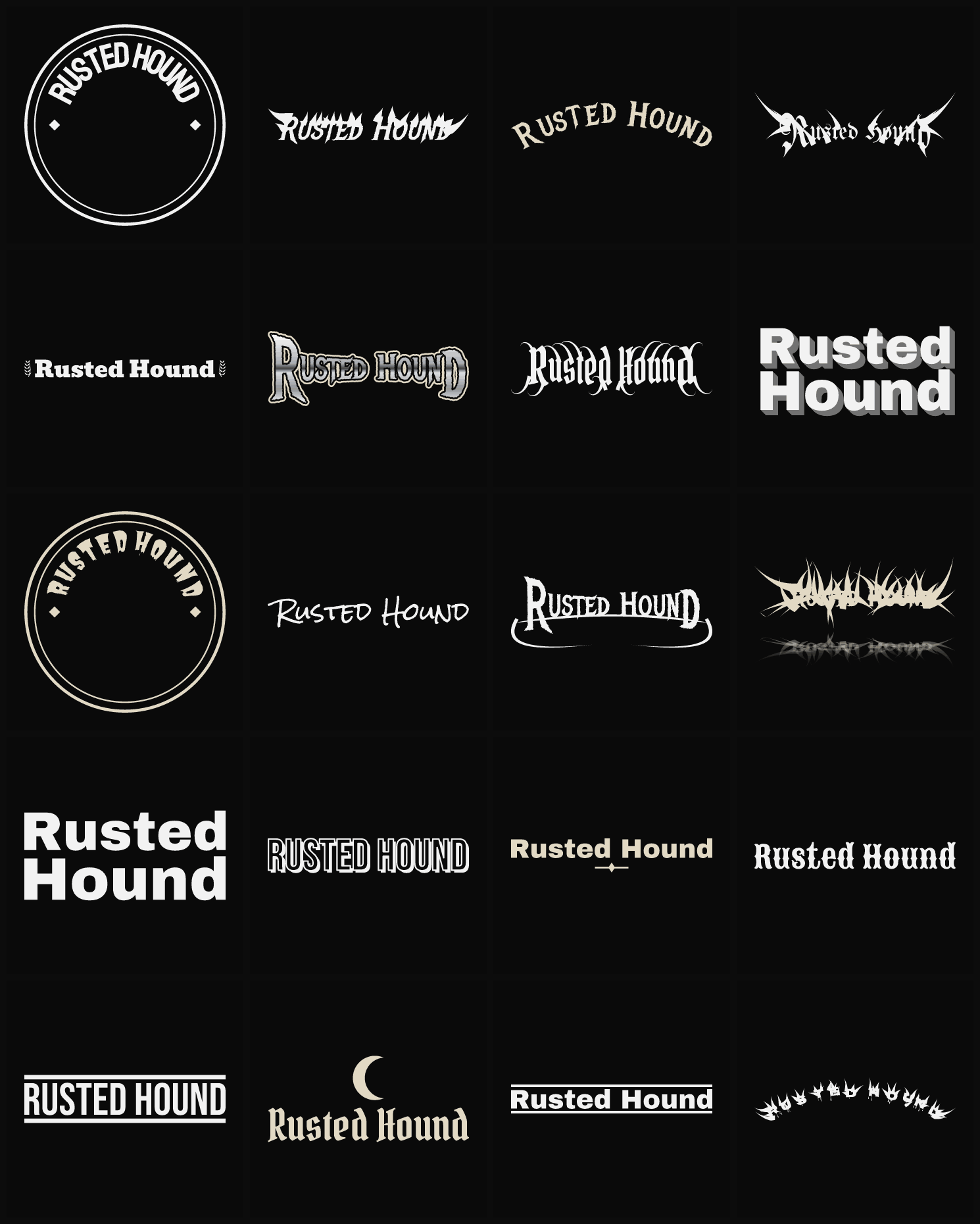 Twenty Rusted Hound band logo ideas — different faces, treatments and spike settings