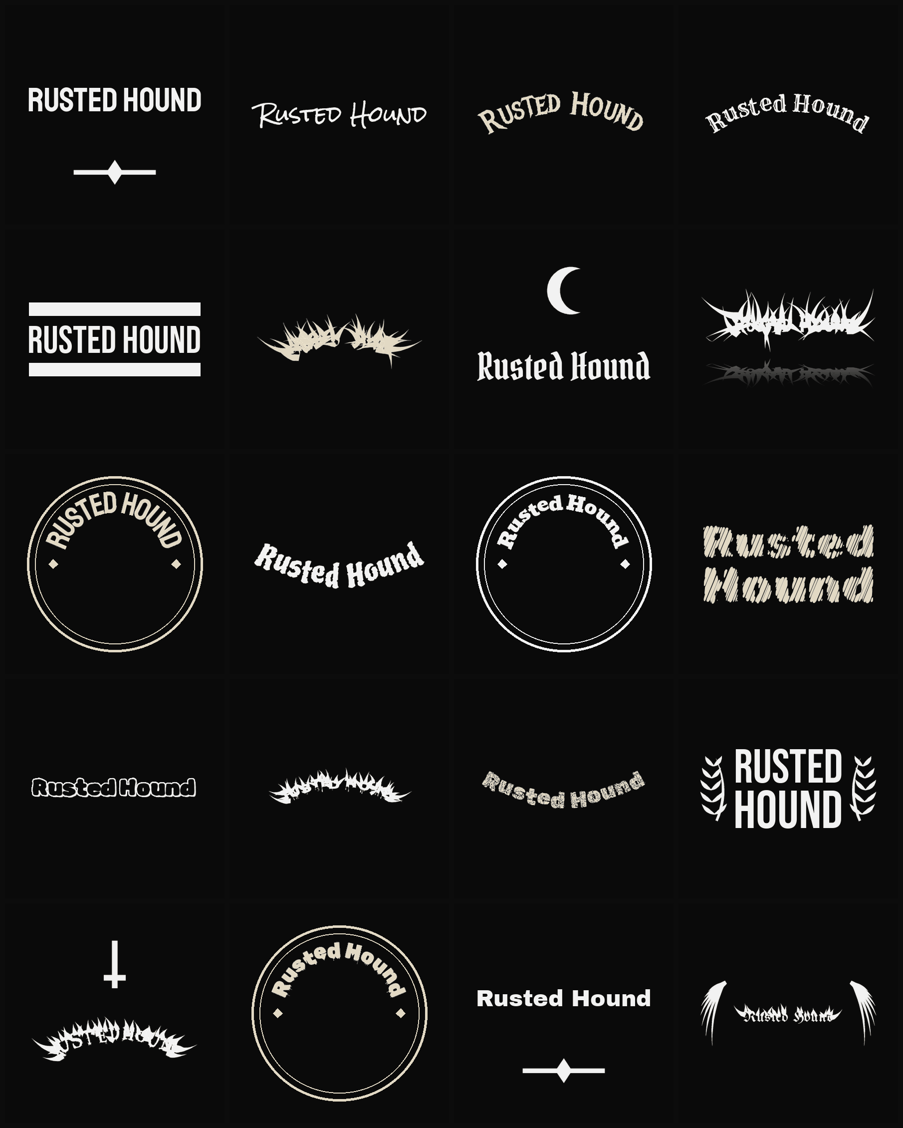 Twenty Rusted Hound band logo ideas — different faces, treatments and spike settings