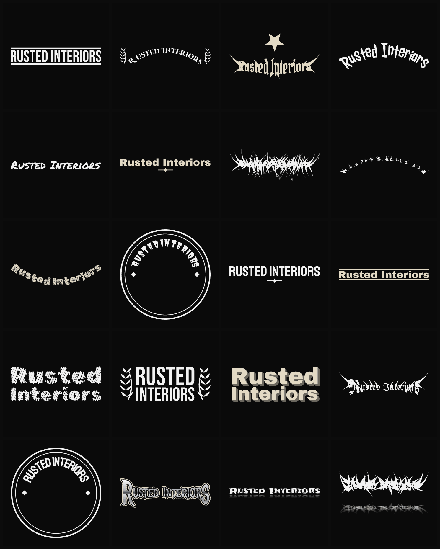 Twenty Rusted Interiors band logo ideas — different faces, treatments and spike settings