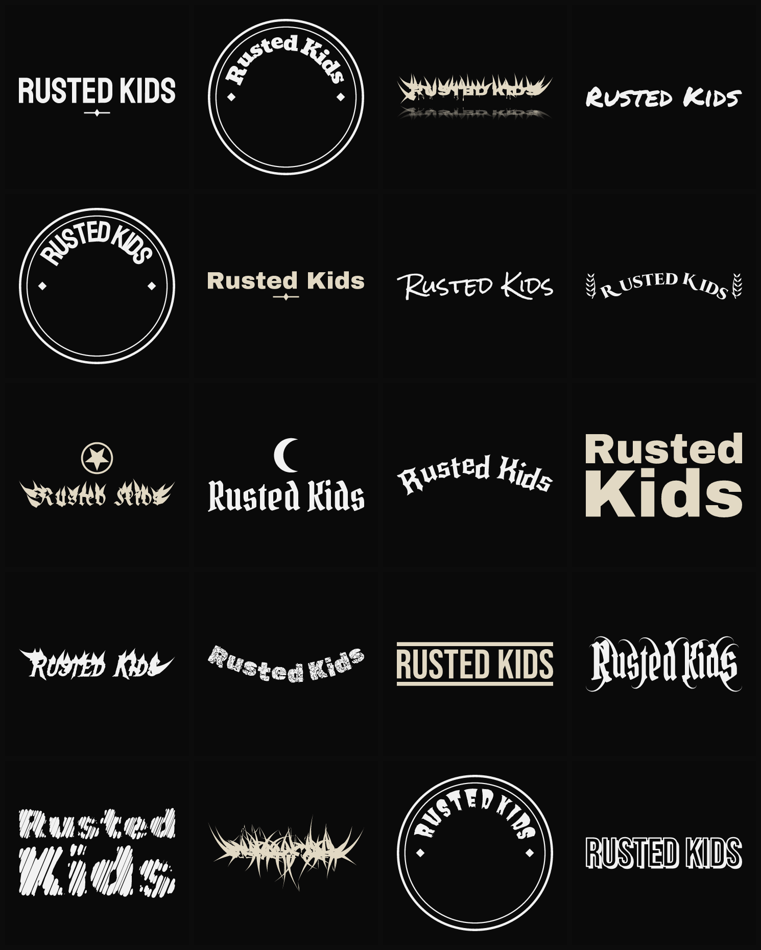 Twenty Rusted Kids band logo ideas — different faces, treatments and spike settings