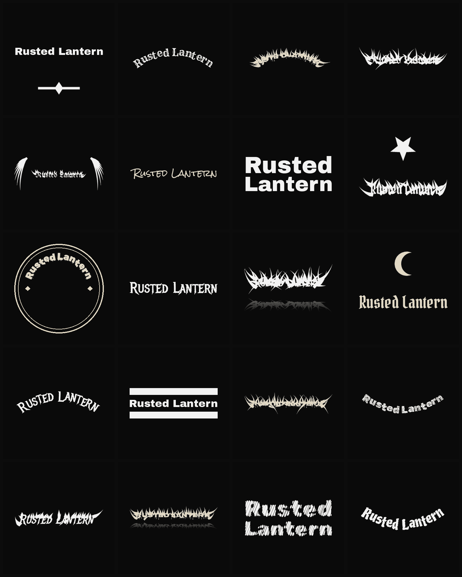 Twenty Rusted Lantern band logo ideas — different faces, treatments and spike settings