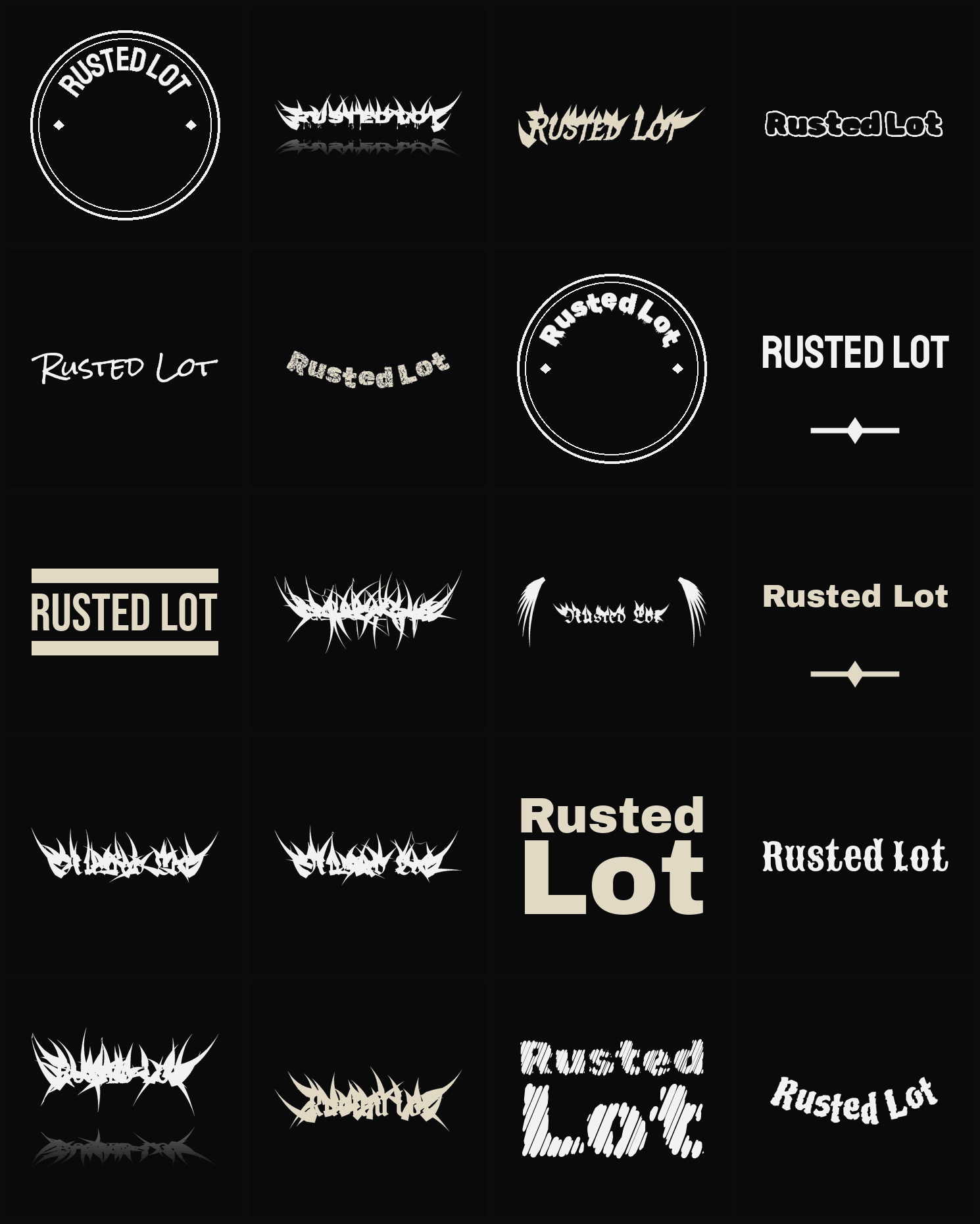 Twenty Rusted Lot band logo ideas — different faces, treatments and spike settings