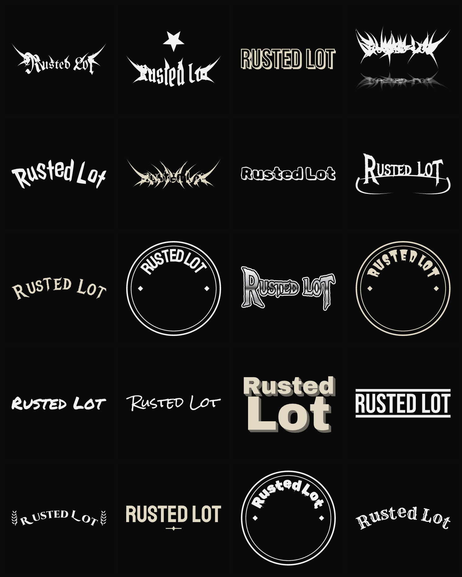 Twenty Rusted Lot band logo ideas — different faces, treatments and spike settings