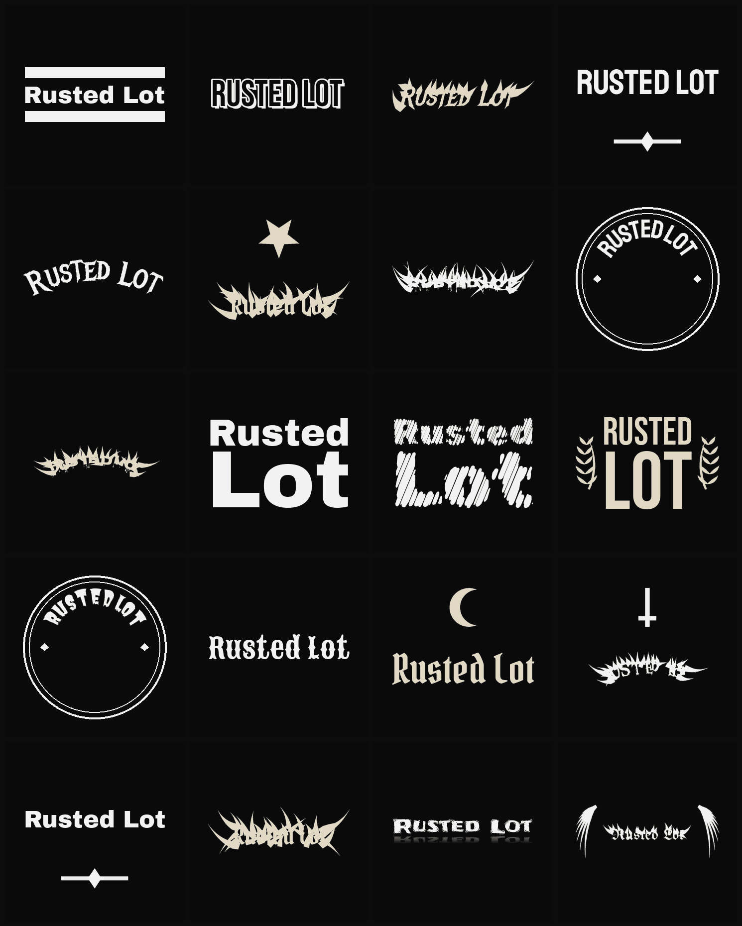 Twenty Rusted Lot band logo ideas — different faces, treatments and spike settings