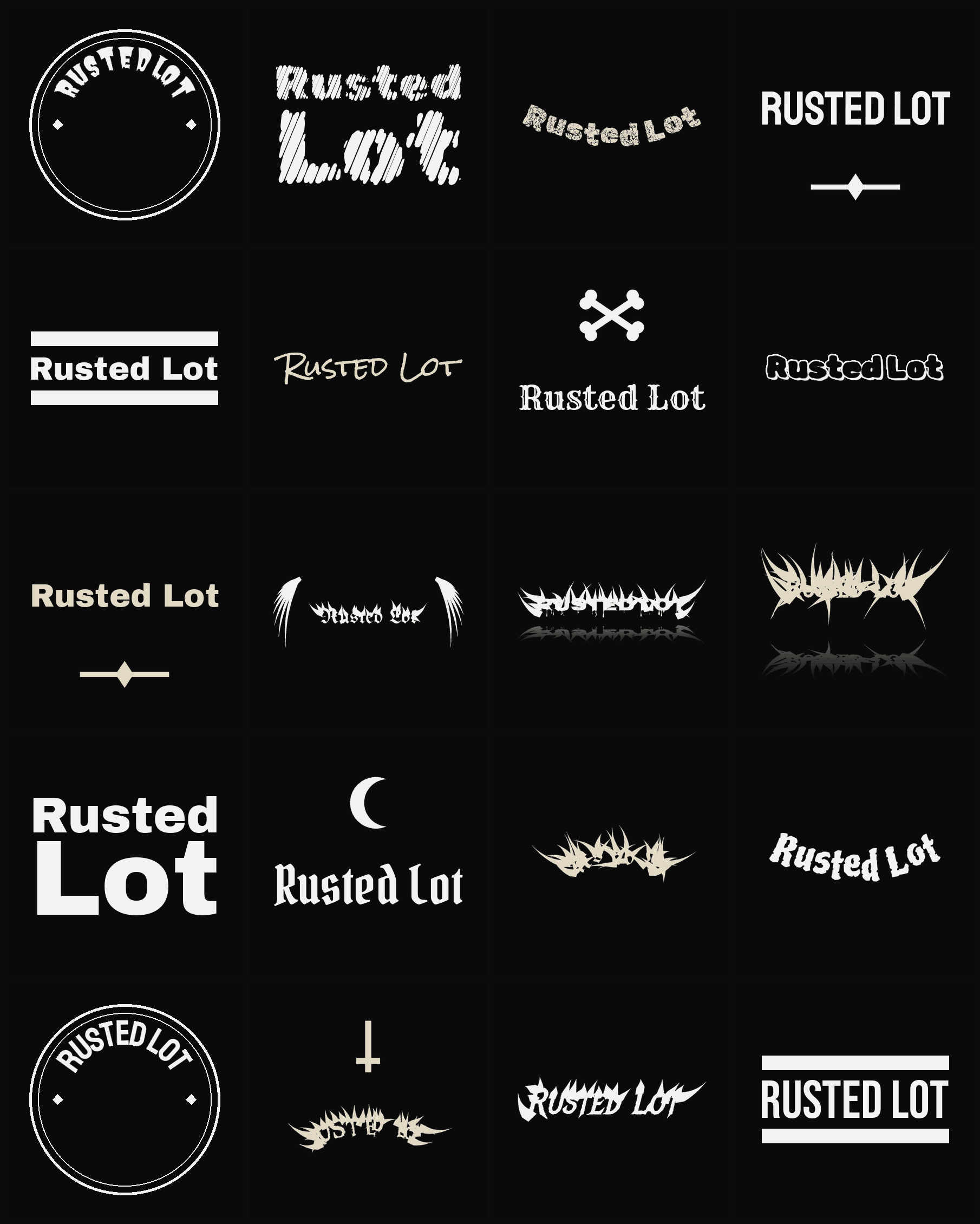 Twenty Rusted Lot band logo ideas — different faces, treatments and spike settings