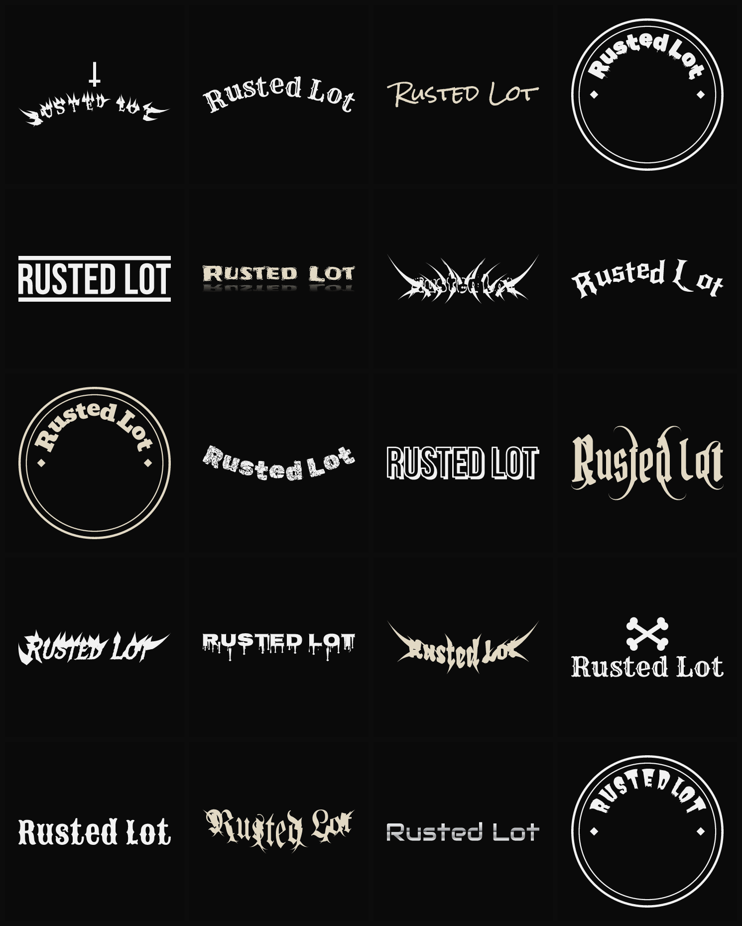 Twenty Rusted Lot band logo ideas — different faces, treatments and spike settings