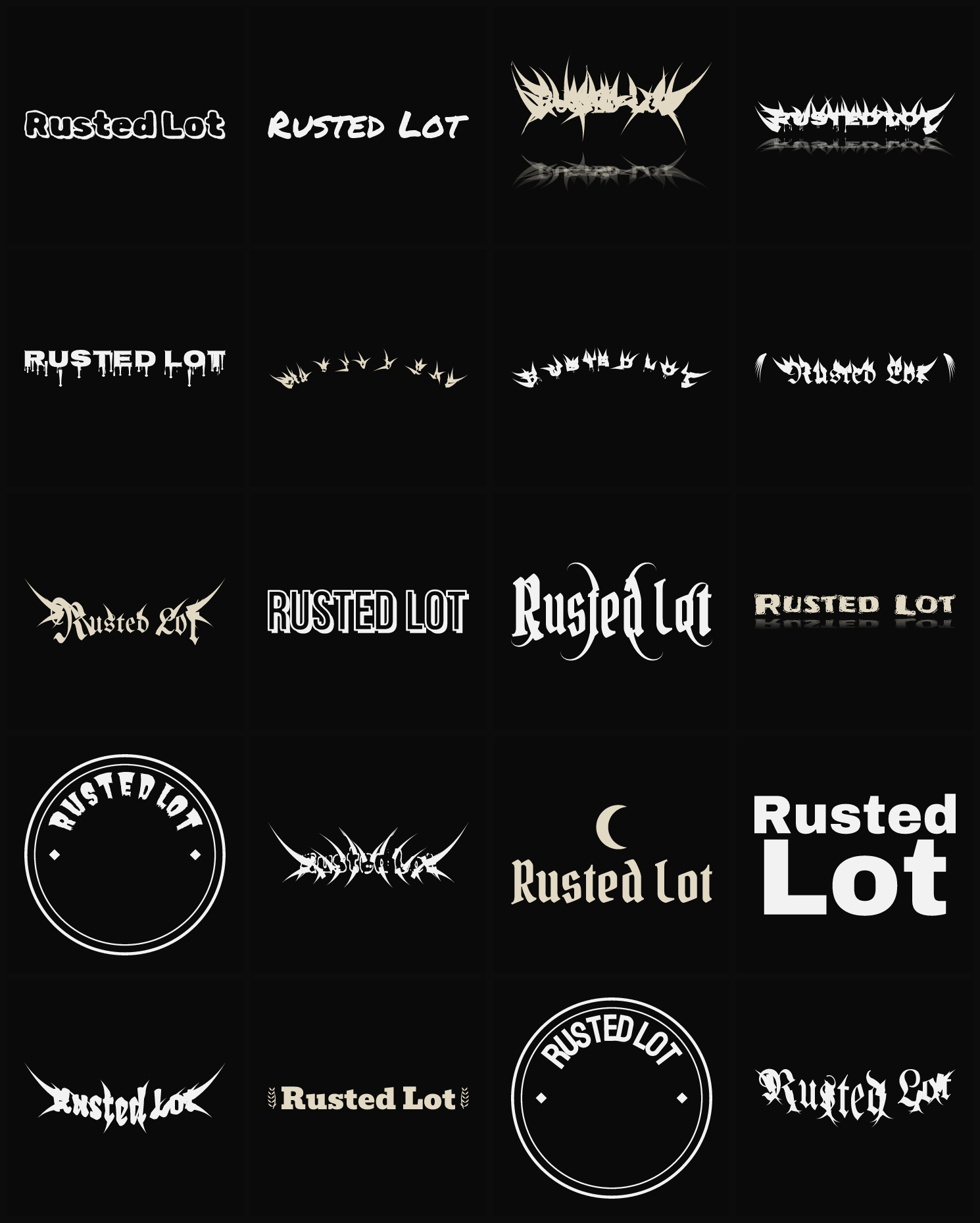 Twenty Rusted Lot band logo ideas — different faces, treatments and spike settings