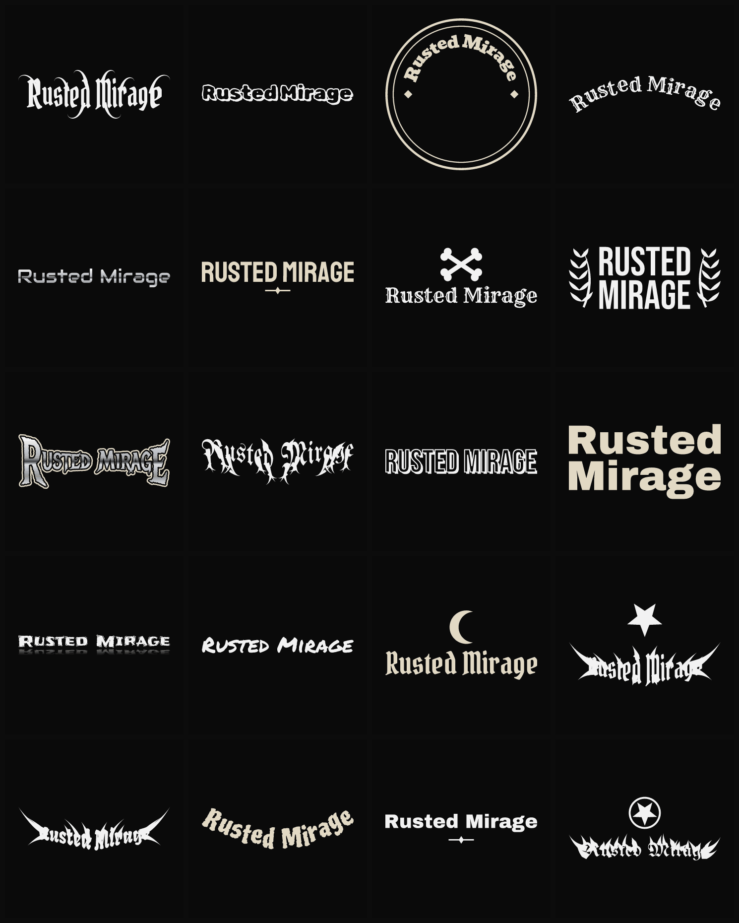 Twenty Rusted Mirage band logo ideas — different faces, treatments and spike settings