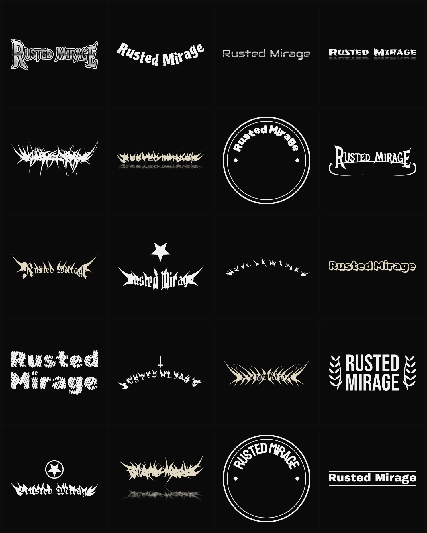 Twenty Rusted Mirage band logo ideas — different faces, treatments and spike settings