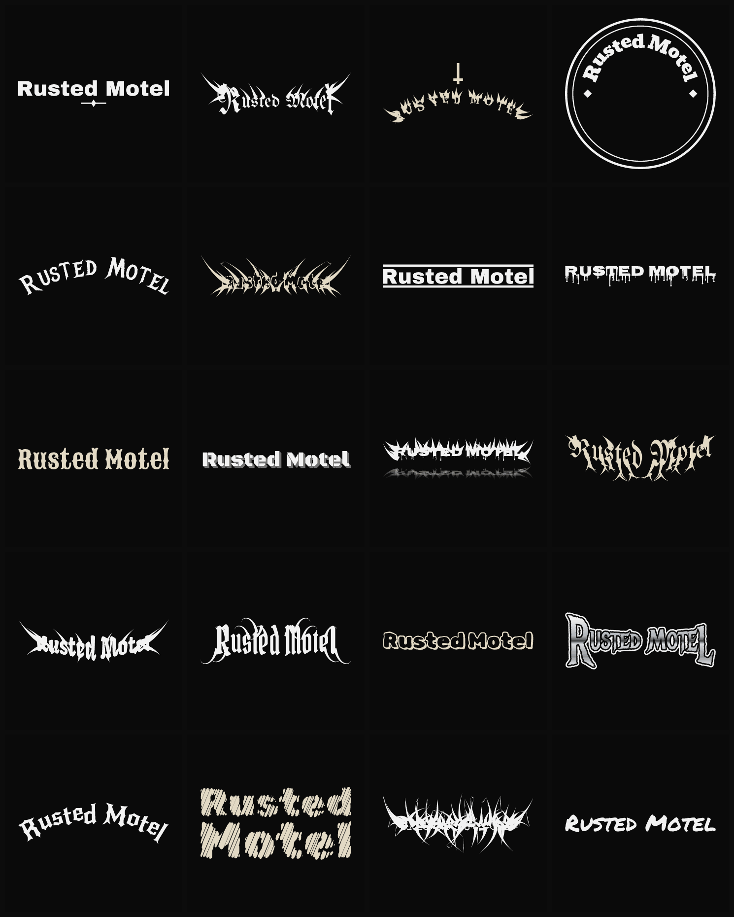 Twenty Rusted Motel band logo ideas — different faces, treatments and spike settings