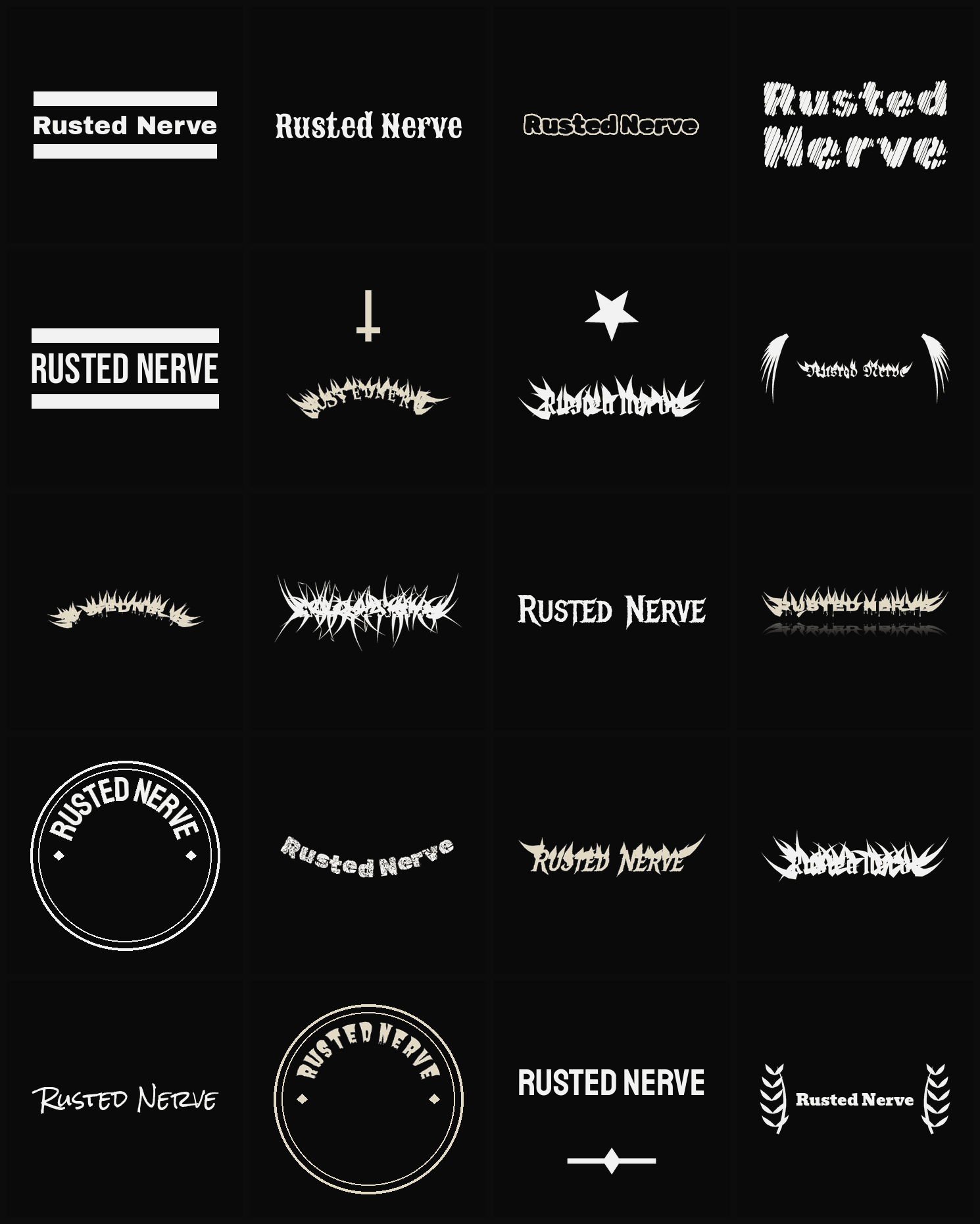 Twenty Rusted Nerve band logo ideas — different faces, treatments and spike settings