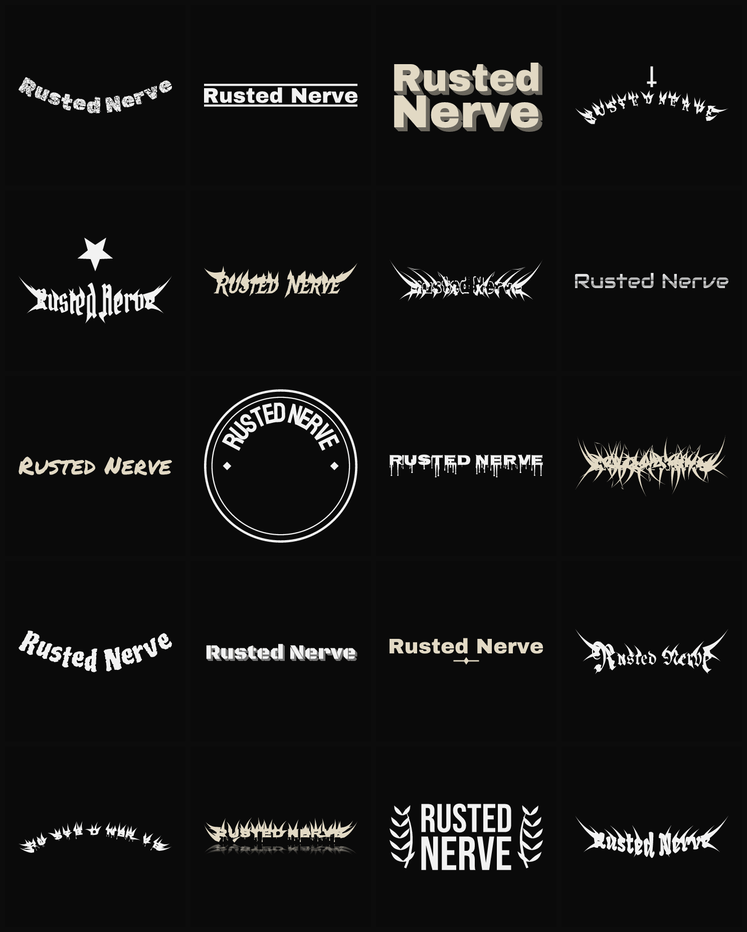 Twenty Rusted Nerve band logo ideas — different faces, treatments and spike settings