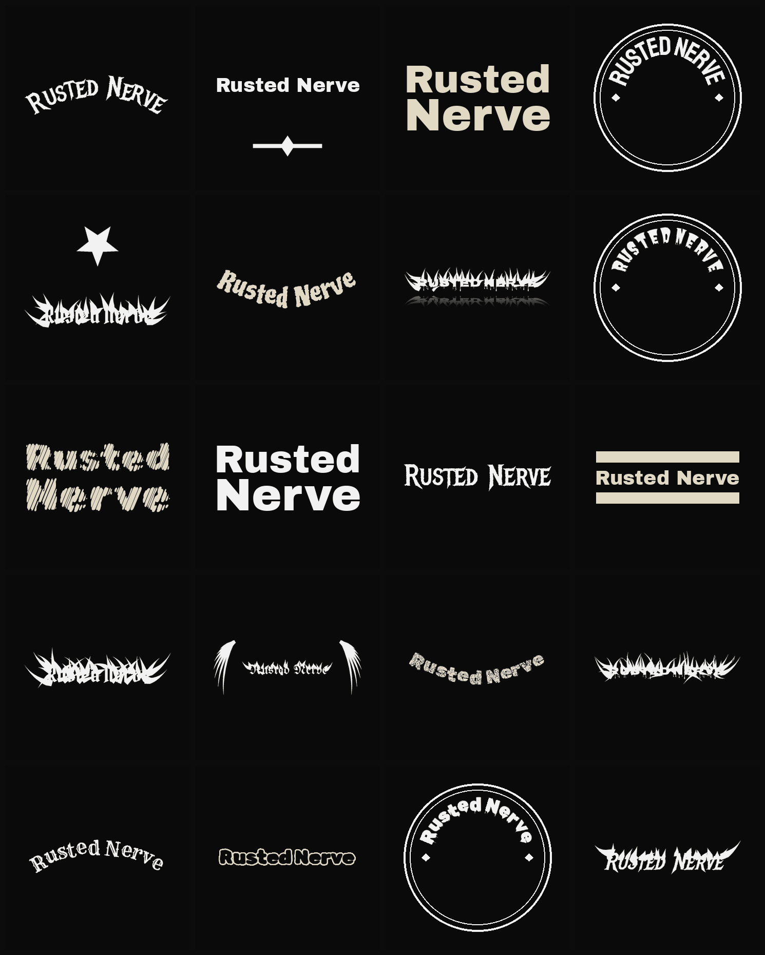 Twenty Rusted Nerve band logo ideas — different faces, treatments and spike settings