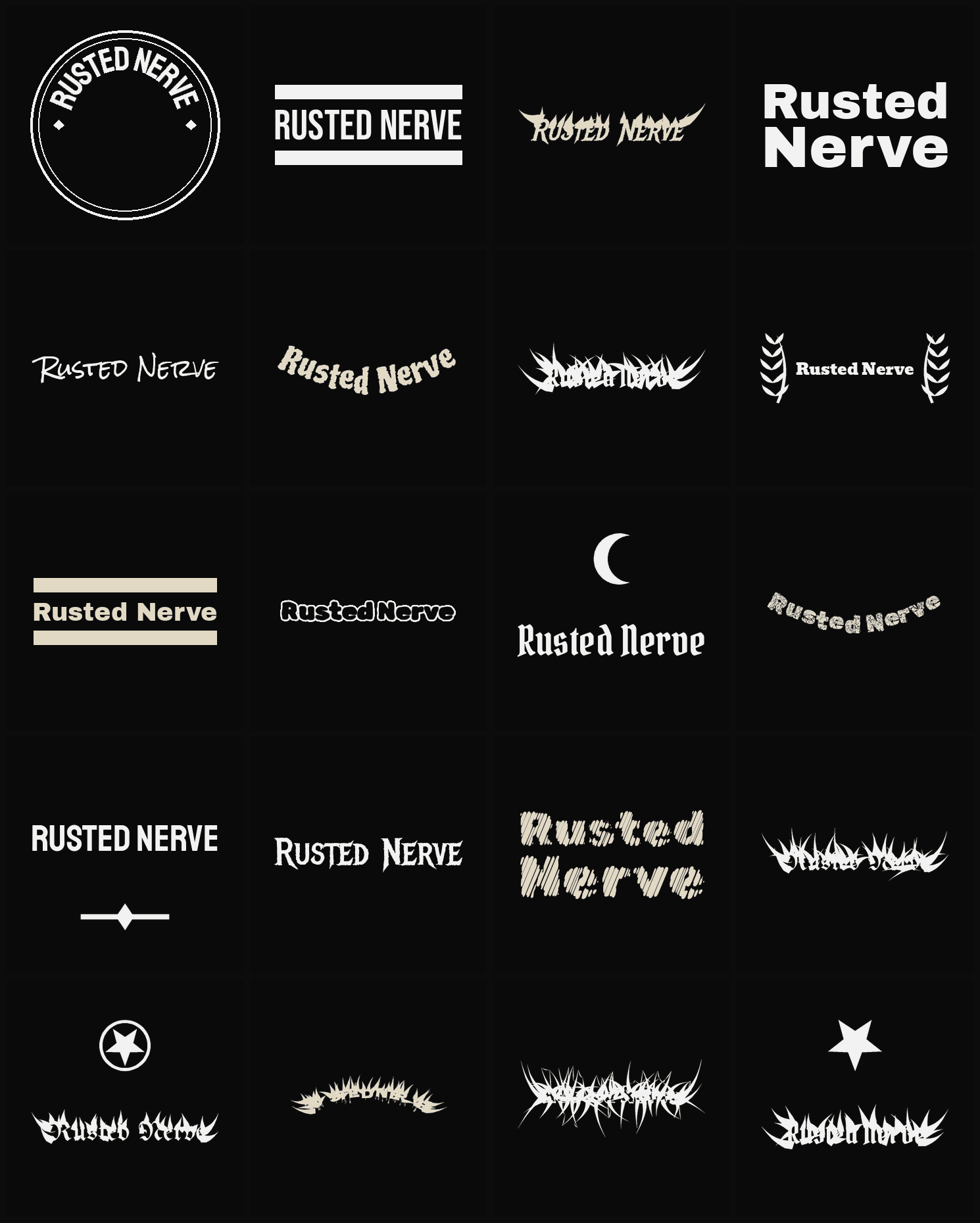 Twenty Rusted Nerve band logo ideas — different faces, treatments and spike settings