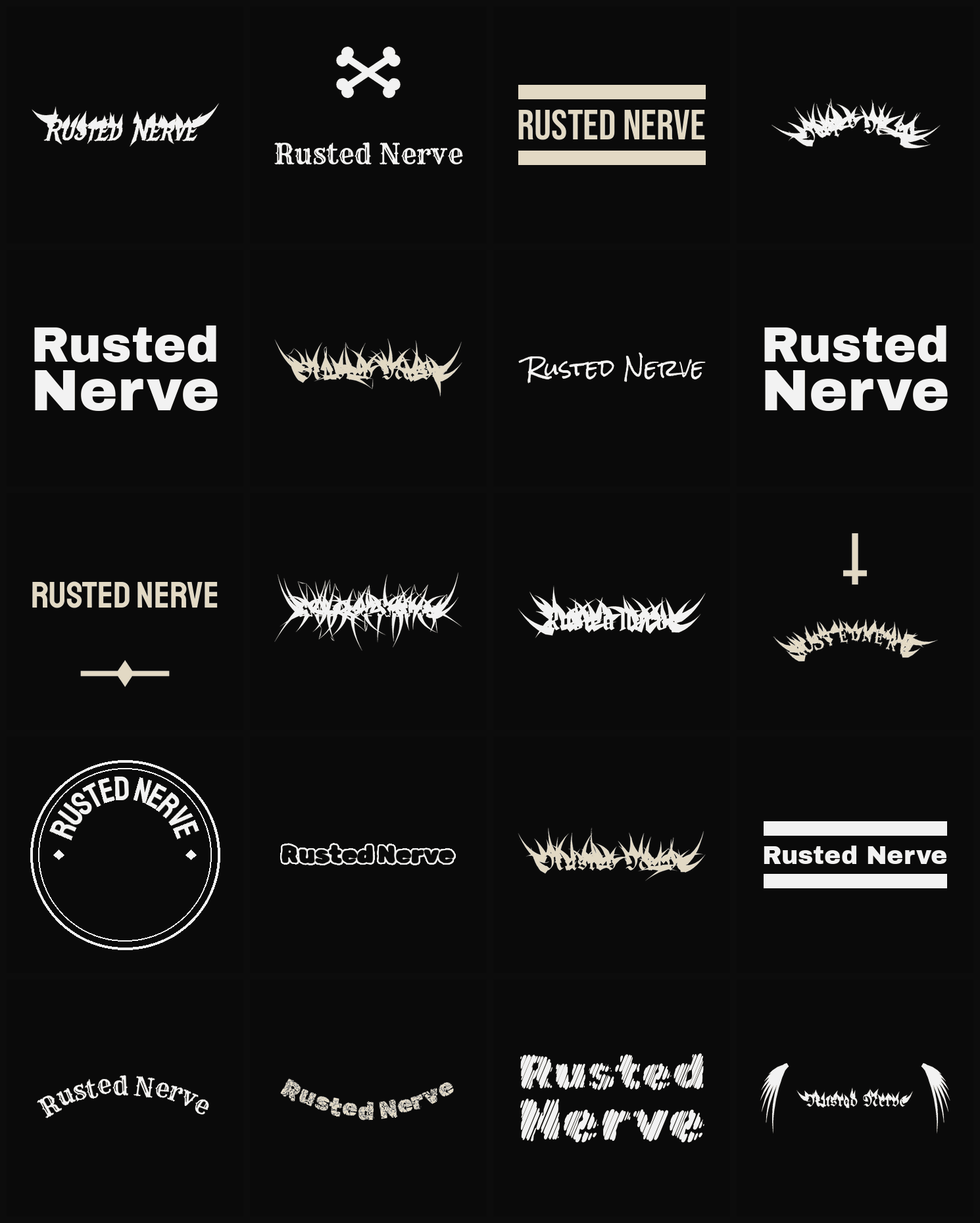 Twenty Rusted Nerve band logo ideas — different faces, treatments and spike settings