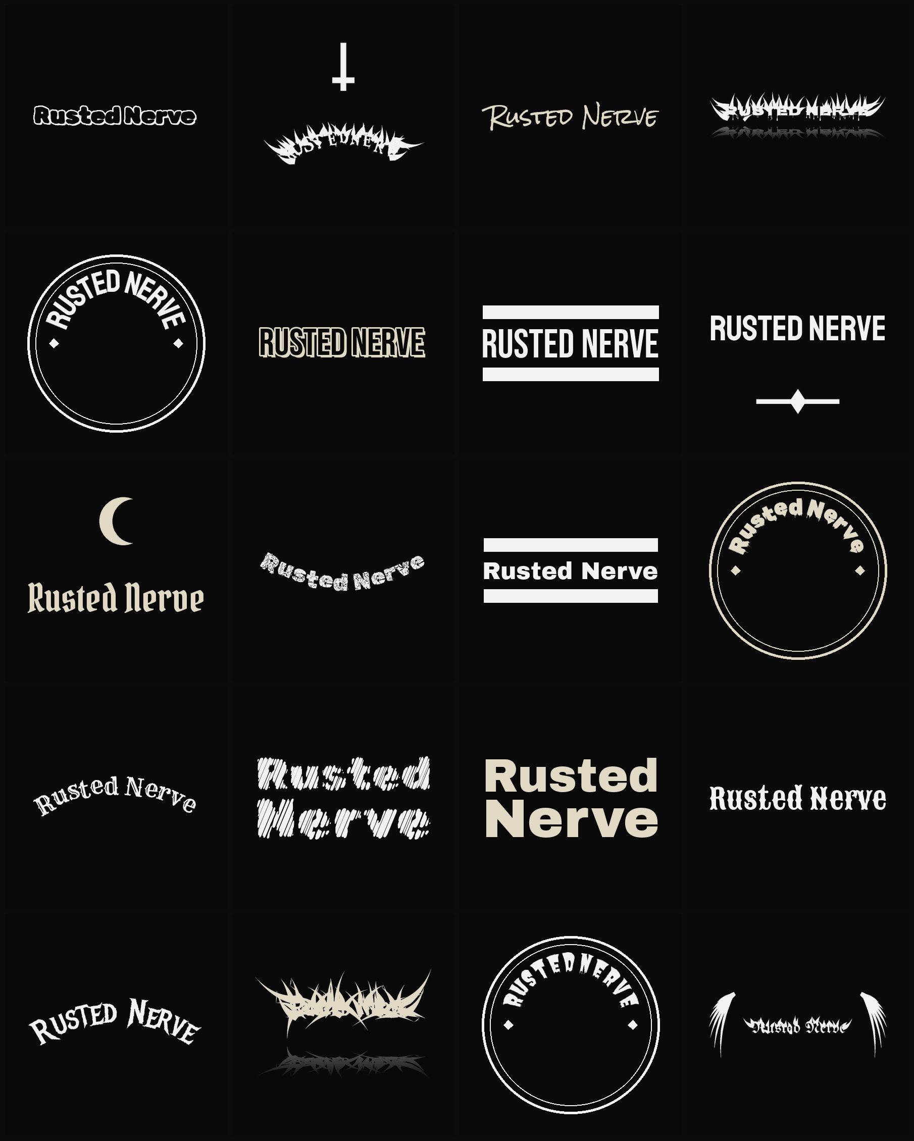 Twenty Rusted Nerve band logo ideas — different faces, treatments and spike settings