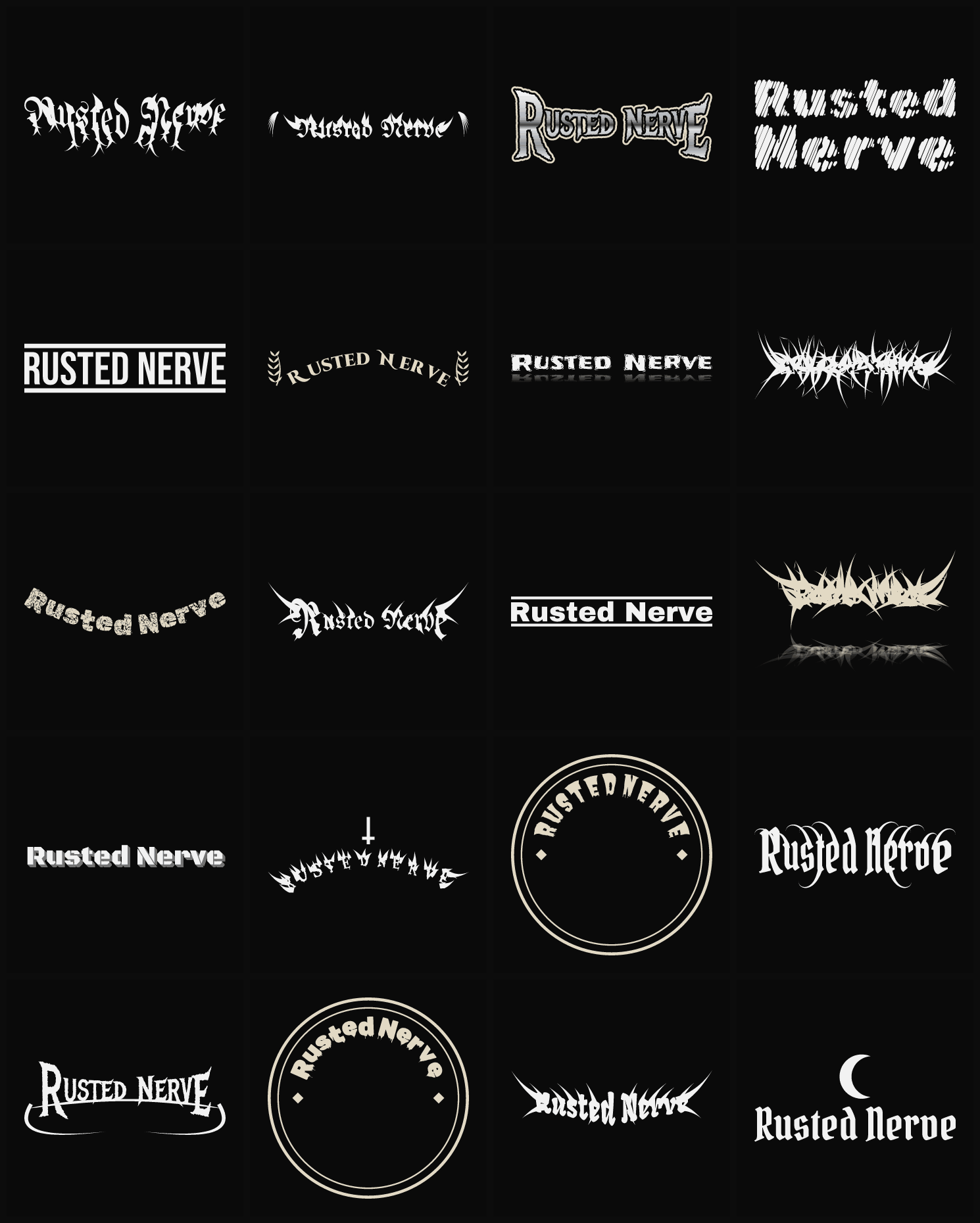 Twenty Rusted Nerve band logo ideas — different faces, treatments and spike settings