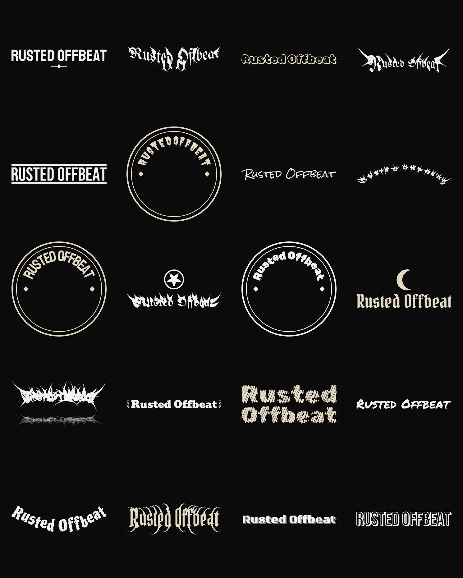 Twenty Rusted Offbeat band logo ideas — different faces, treatments and spike settings