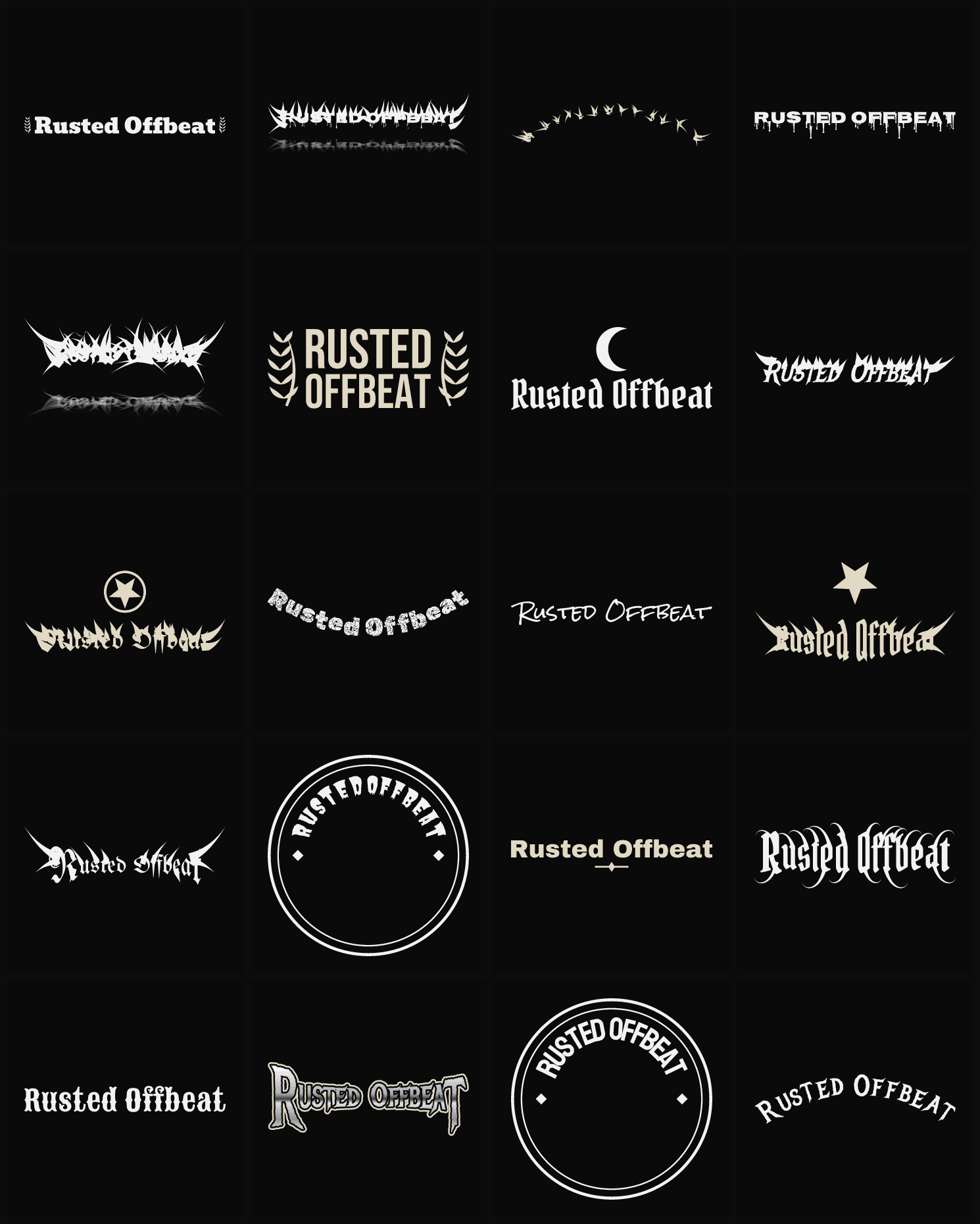 Twenty Rusted Offbeat band logo ideas — different faces, treatments and spike settings