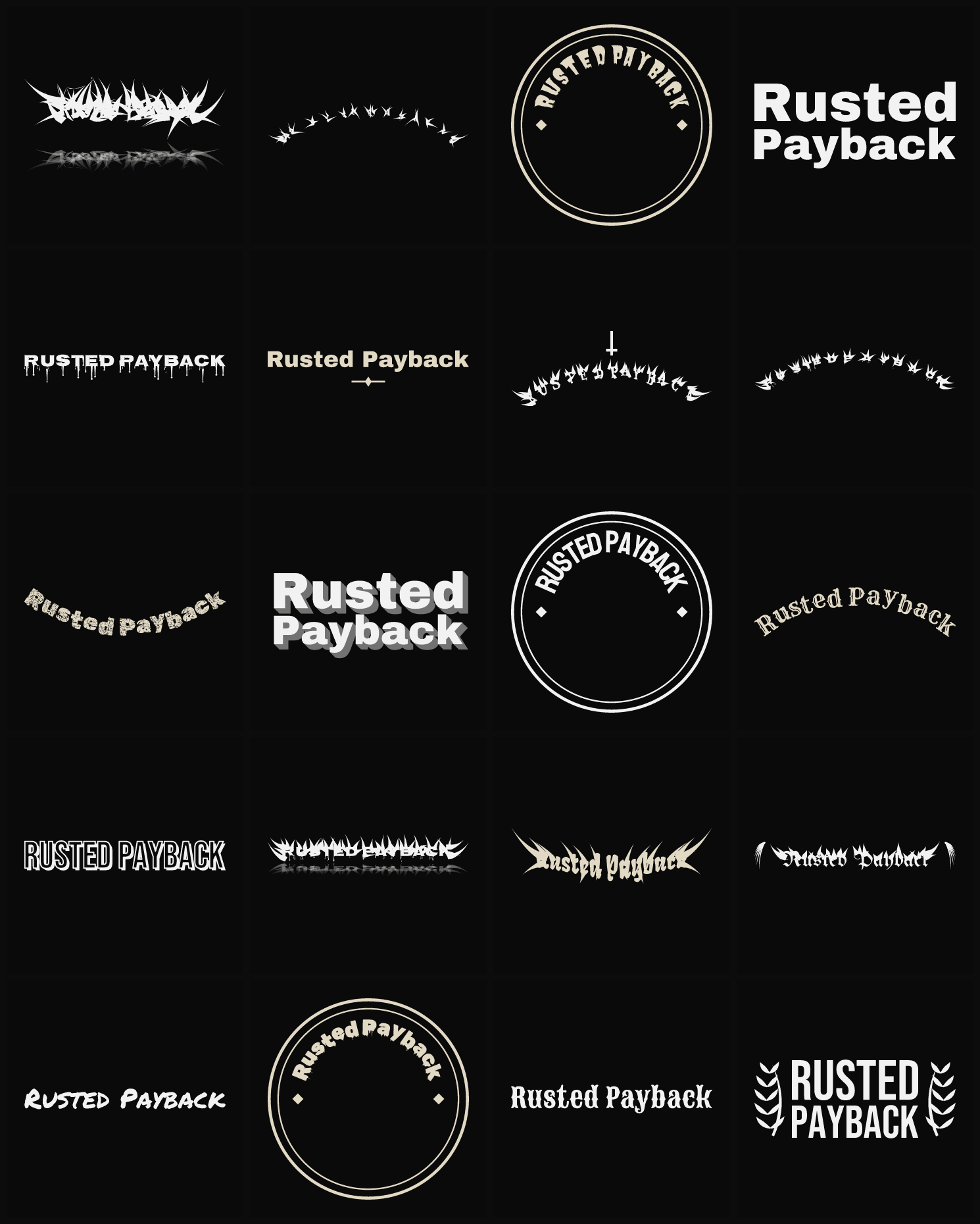 Twenty Rusted Payback band logo ideas — different faces, treatments and spike settings