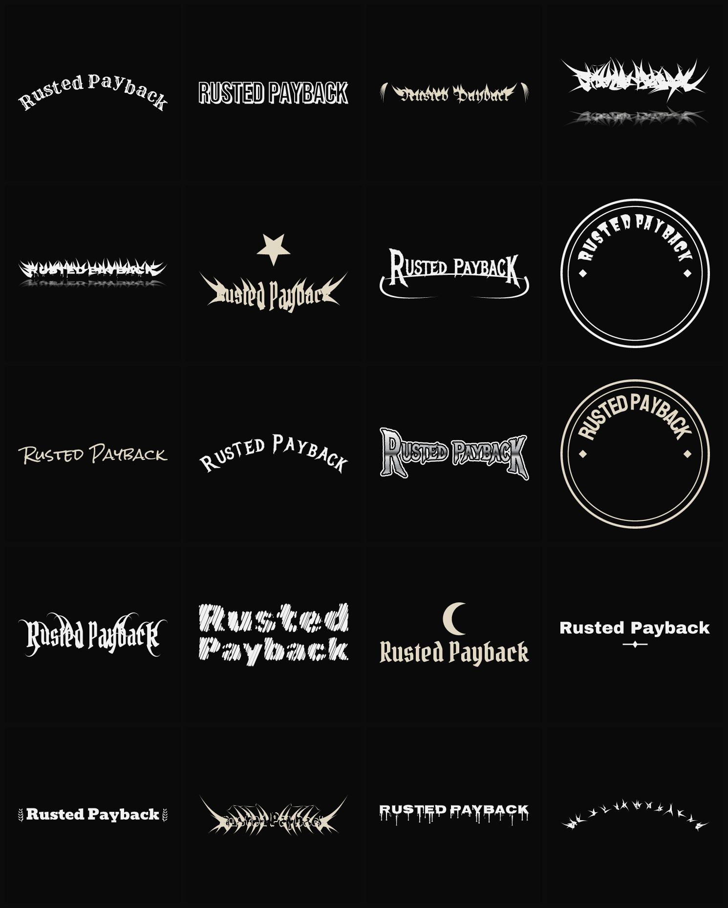 Twenty Rusted Payback band logo ideas — different faces, treatments and spike settings