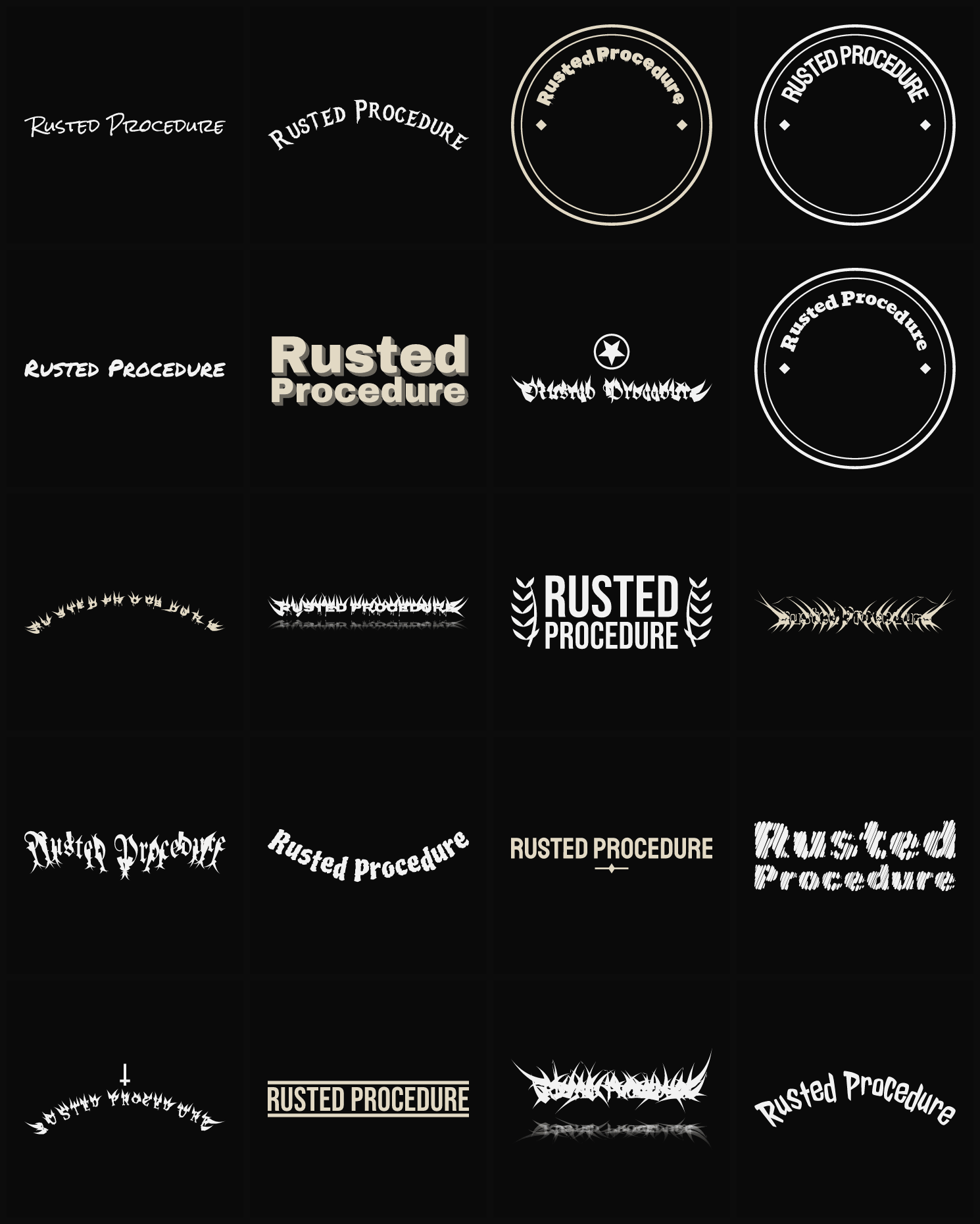 Twenty Rusted Procedure band logo ideas — different faces, treatments and spike settings