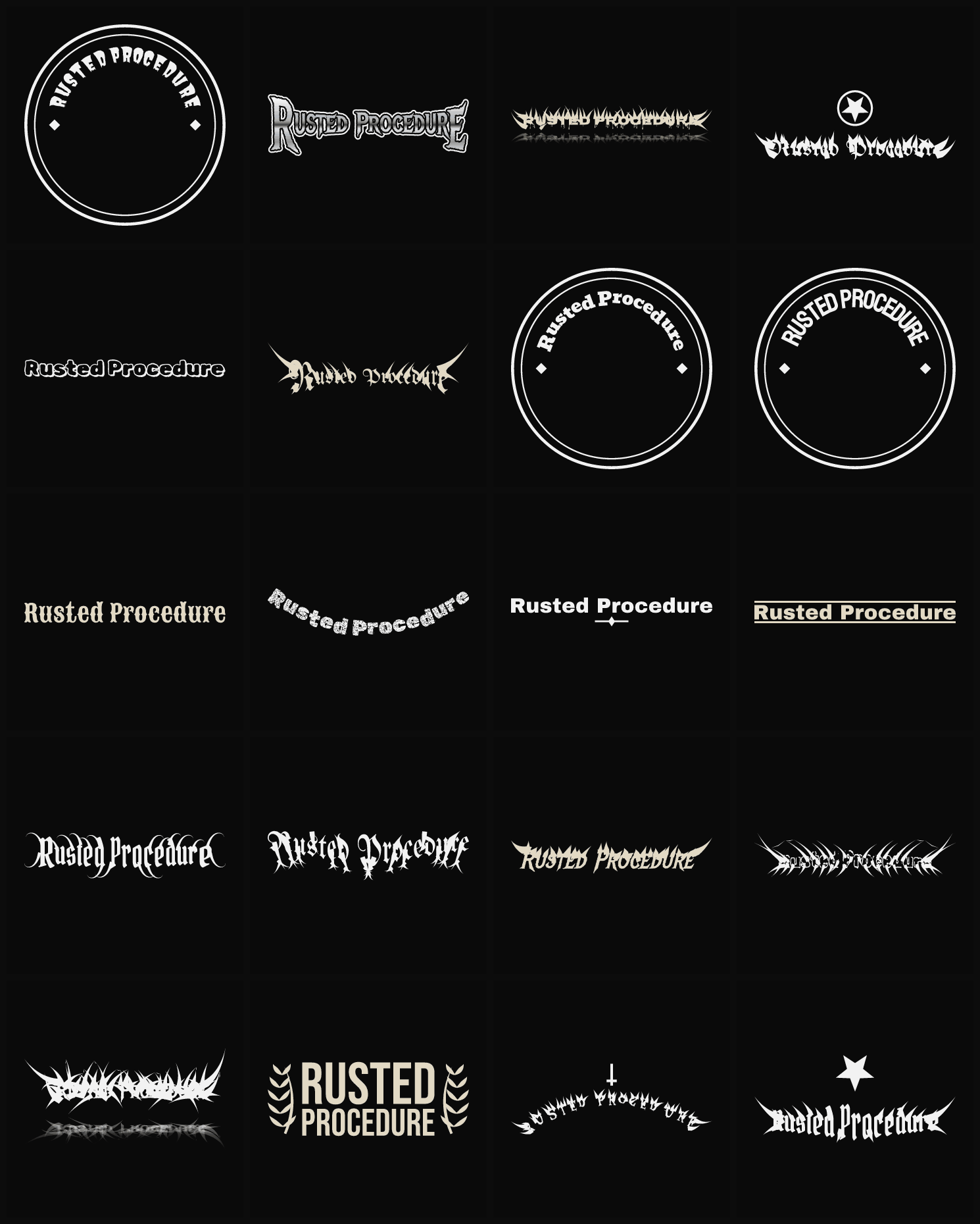 Twenty Rusted Procedure band logo ideas — different faces, treatments and spike settings