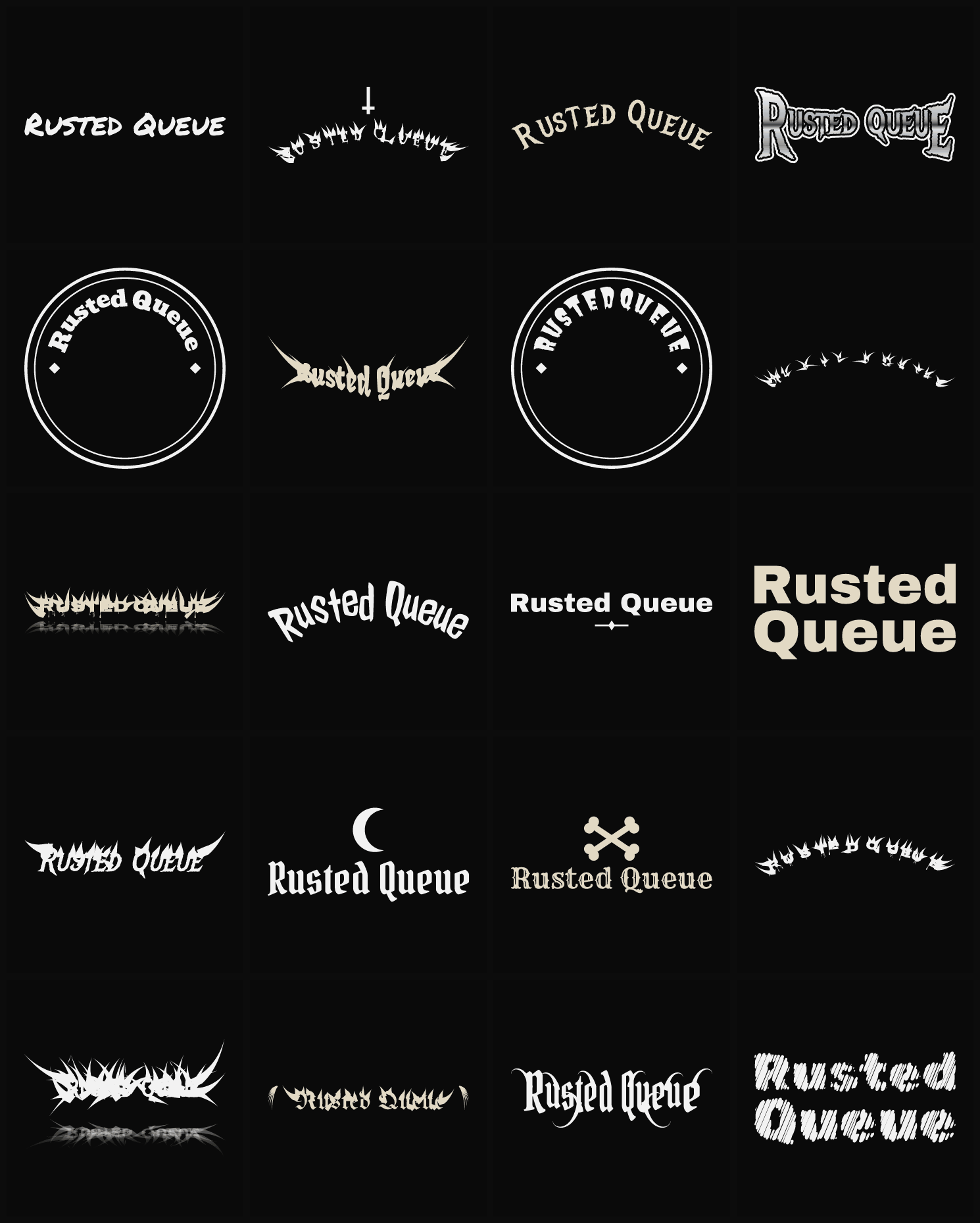 Twenty Rusted Queue band logo ideas — different faces, treatments and spike settings