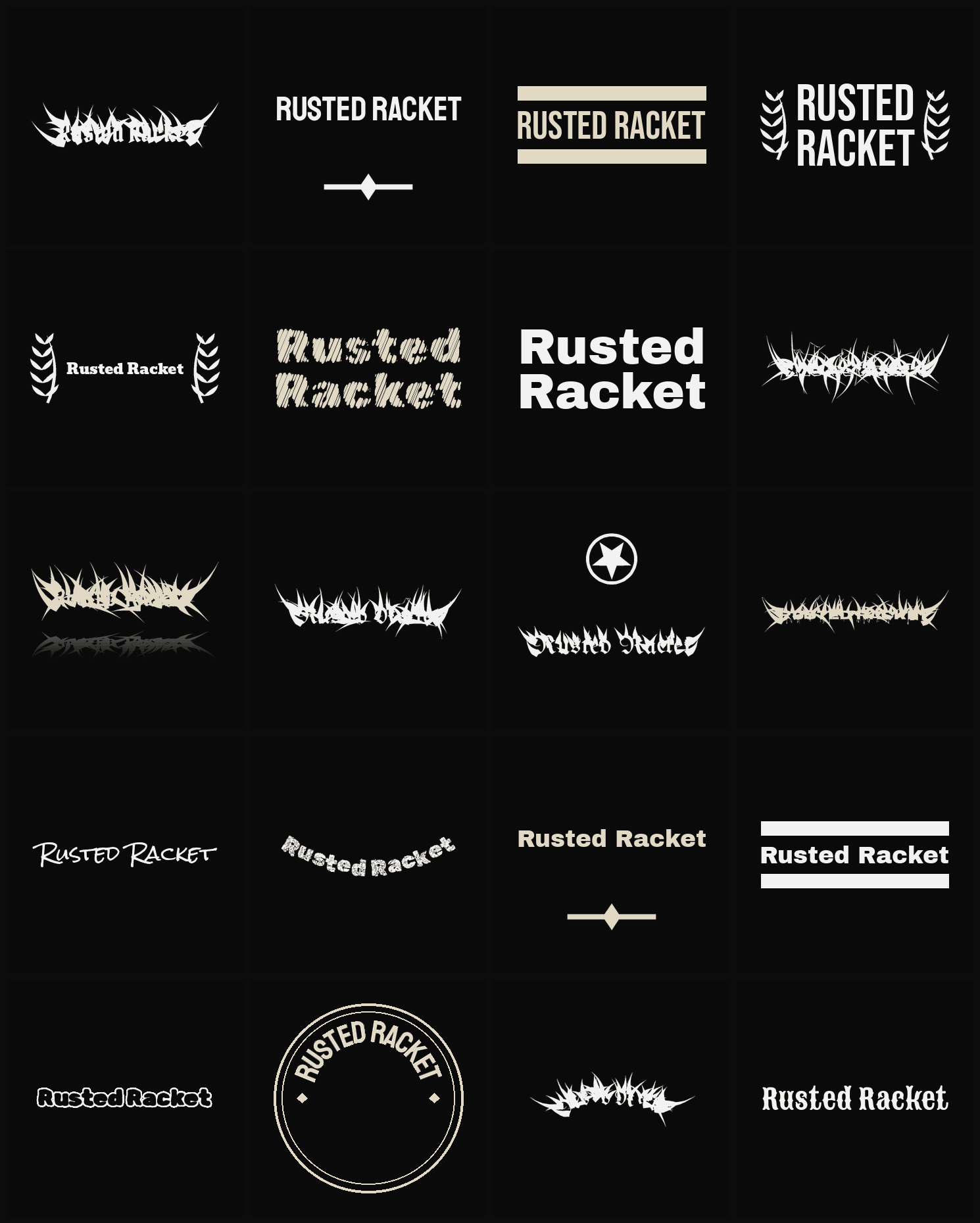 Twenty Rusted Racket band logo ideas — different faces, treatments and spike settings