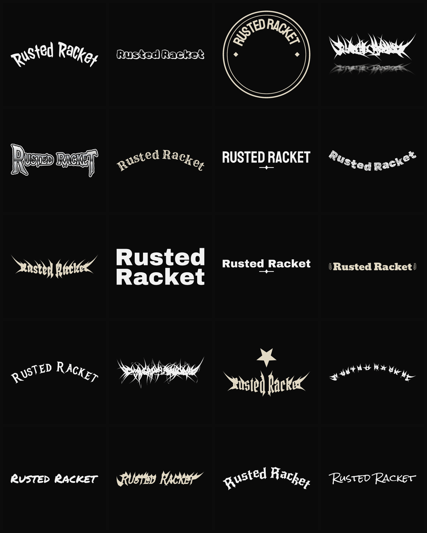Twenty Rusted Racket band logo ideas — different faces, treatments and spike settings