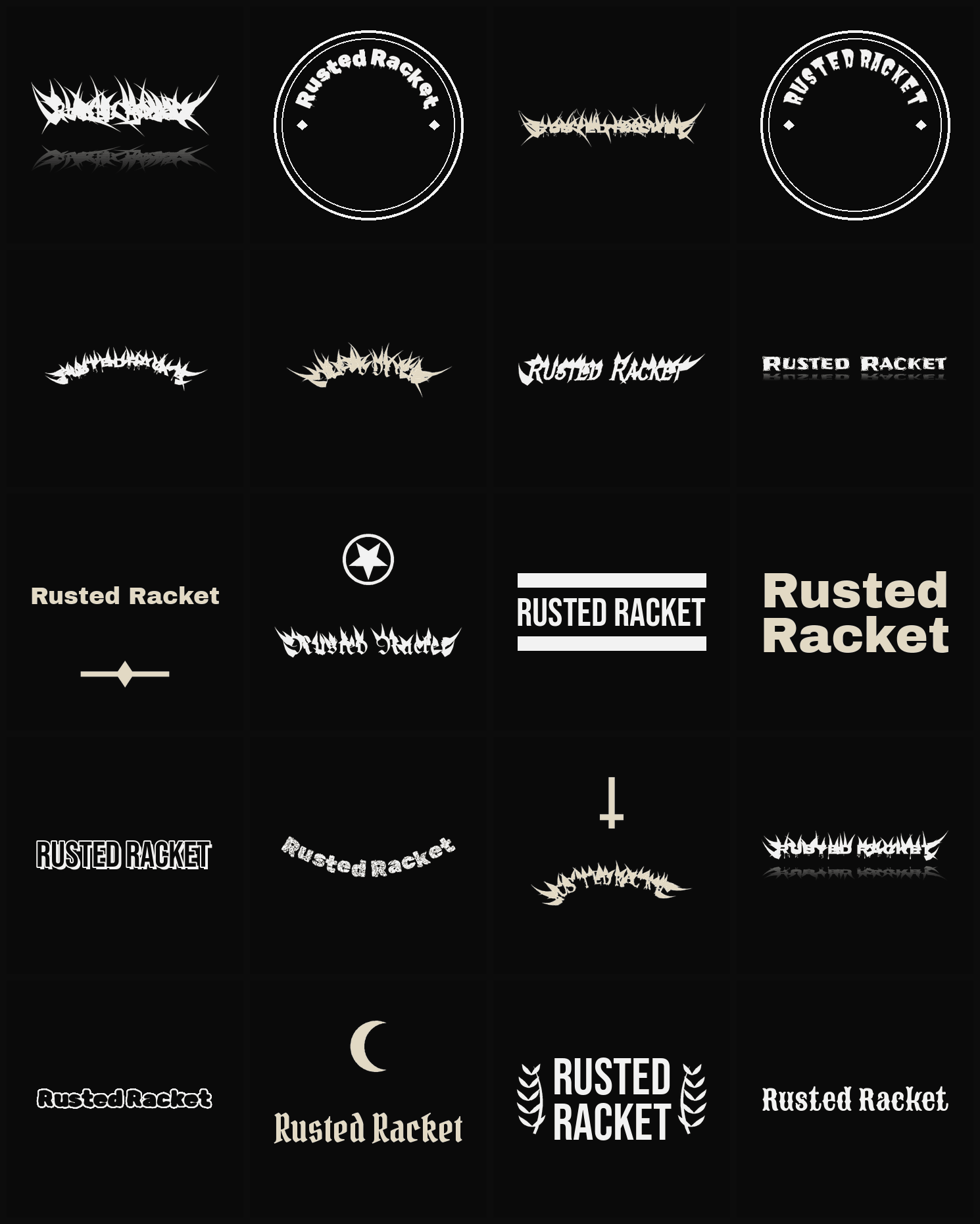Twenty Rusted Racket band logo ideas — different faces, treatments and spike settings