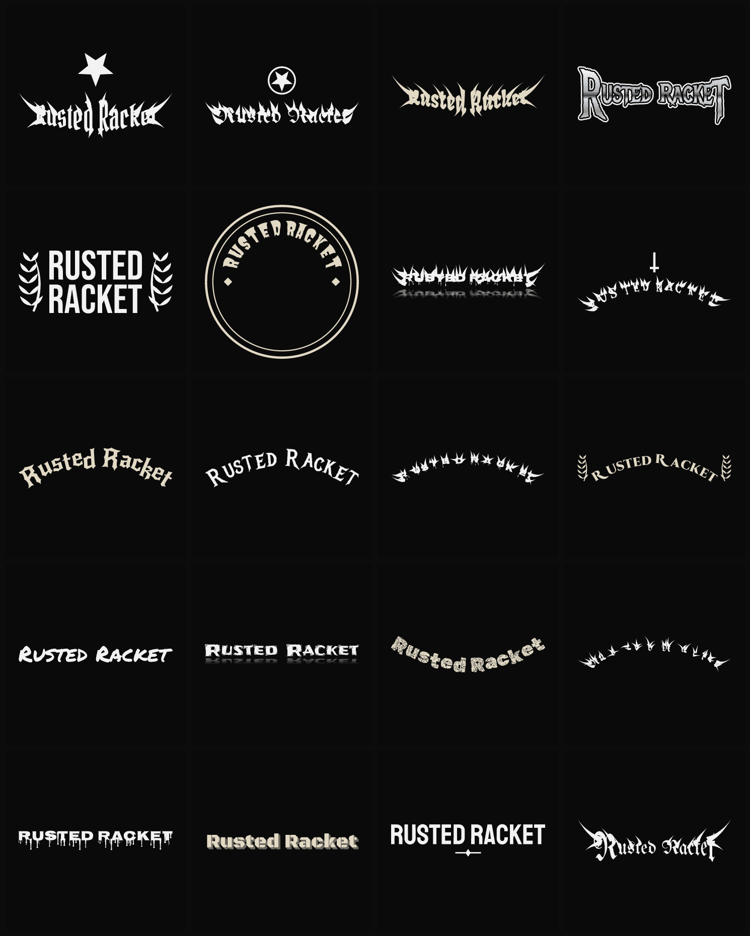 Twenty Rusted Racket band logo ideas — different faces, treatments and spike settings