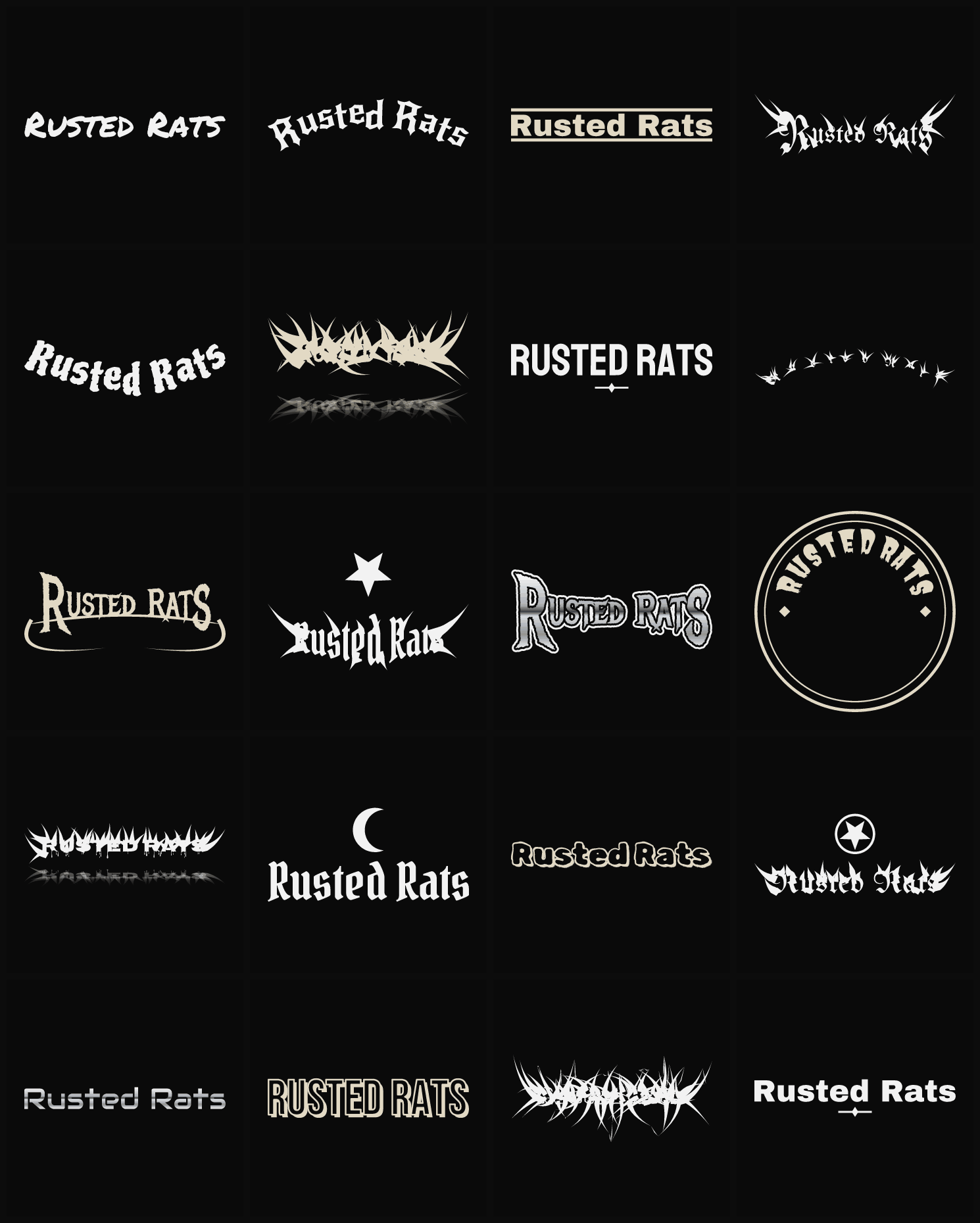 Twenty Rusted Rats band logo ideas — different faces, treatments and spike settings