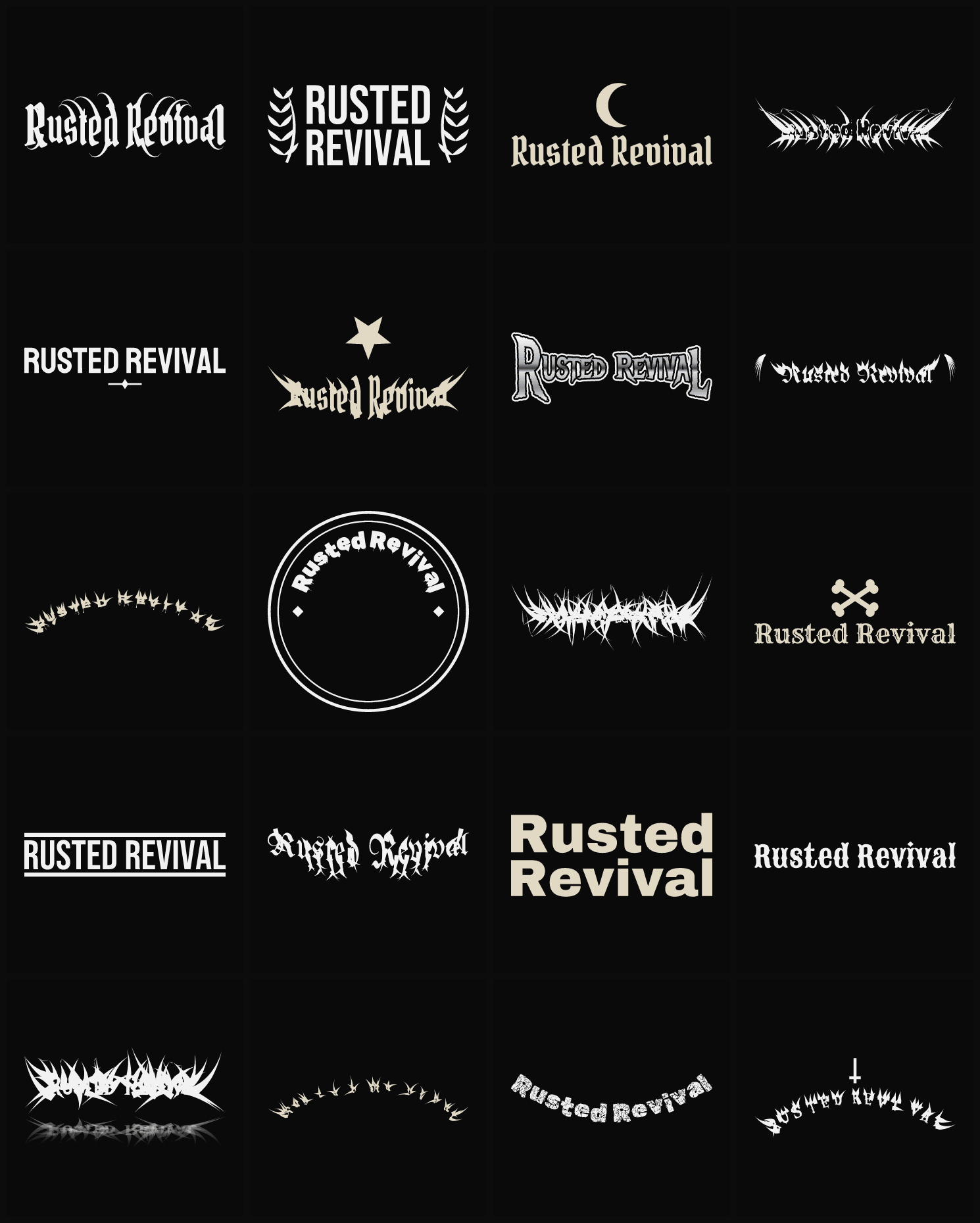Twenty Rusted Revival band logo ideas — different faces, treatments and spike settings
