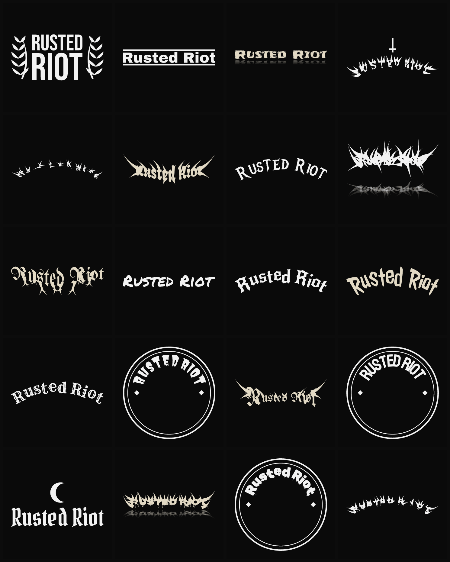 Twenty Rusted Riot band logo ideas — different faces, treatments and spike settings