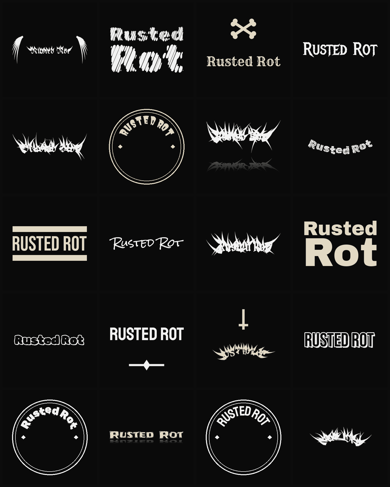 Twenty Rusted Rot band logo ideas — different faces, treatments and spike settings
