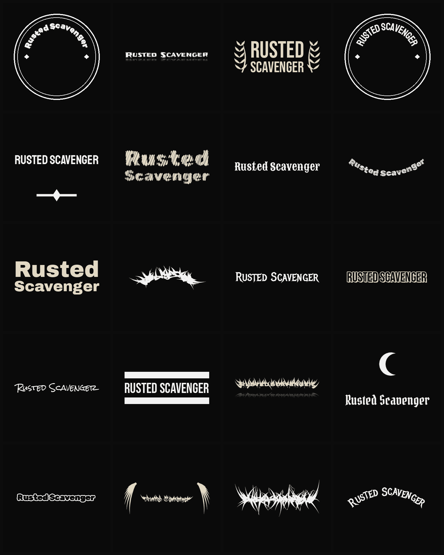 Twenty Rusted Scavenger band logo ideas — different faces, treatments and spike settings