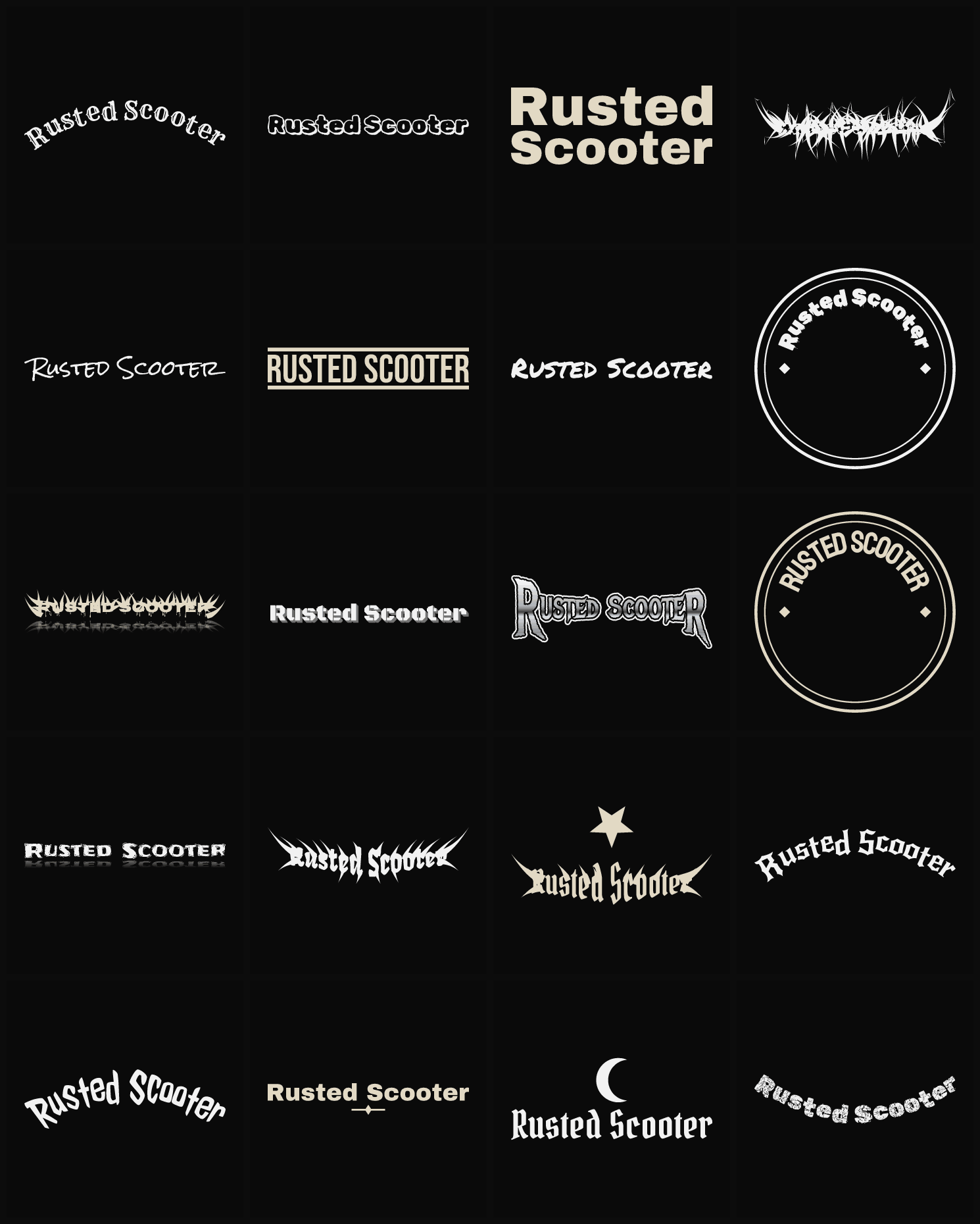 Twenty Rusted Scooter band logo ideas — different faces, treatments and spike settings